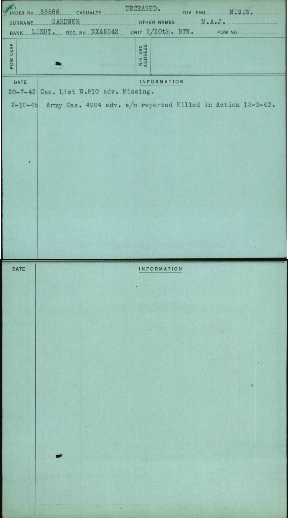 Gardner, M A J, NX45542