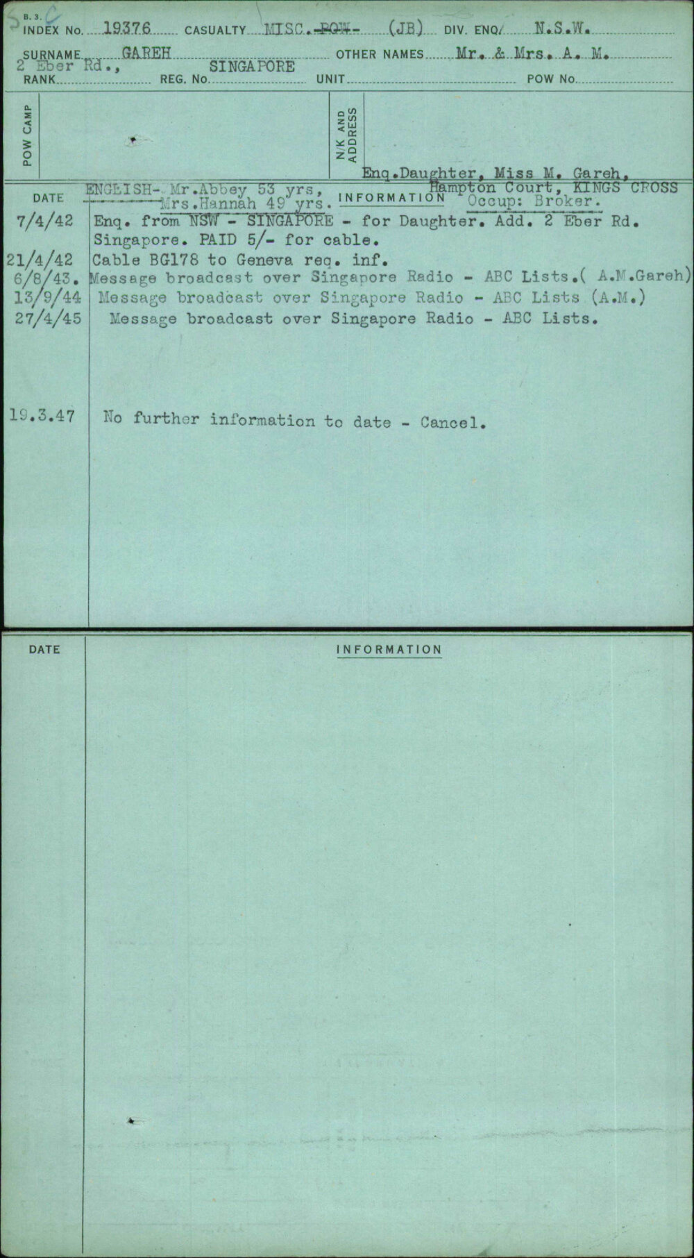 Gareh, Mr &amp; Mrs A M, Singapore