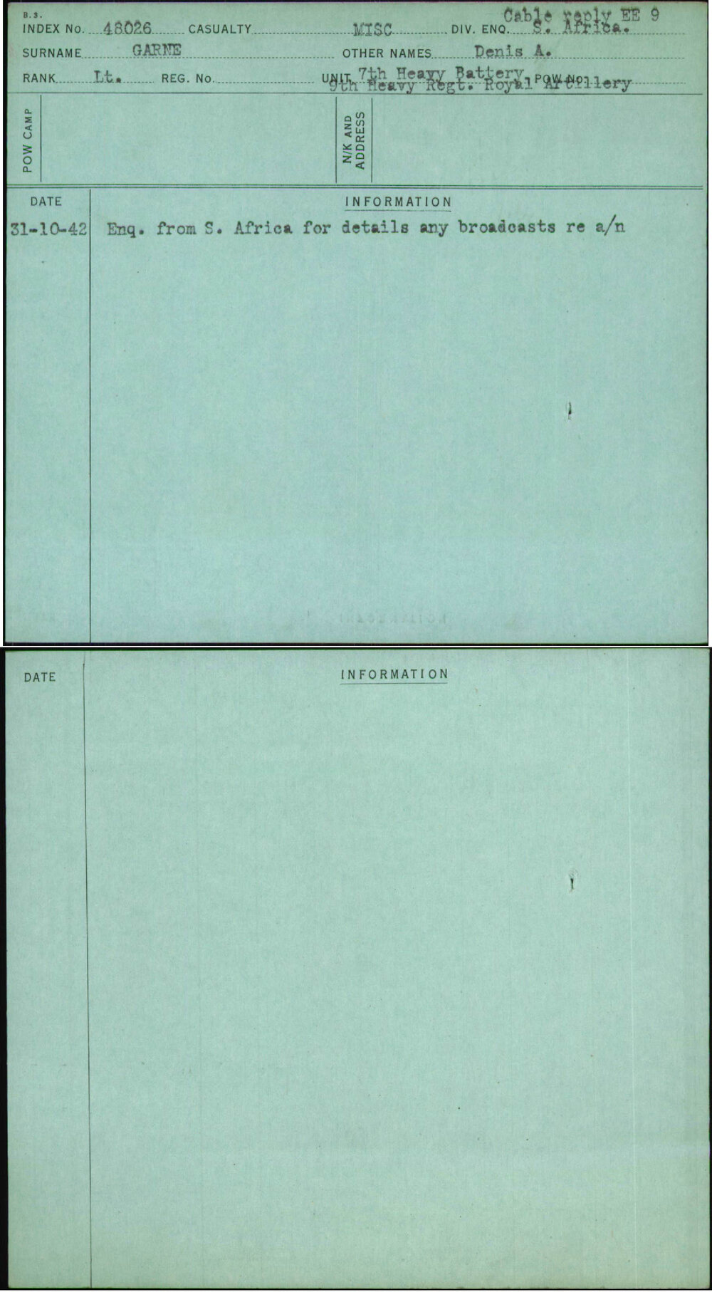 Garne, Denis A, [No Service Number]