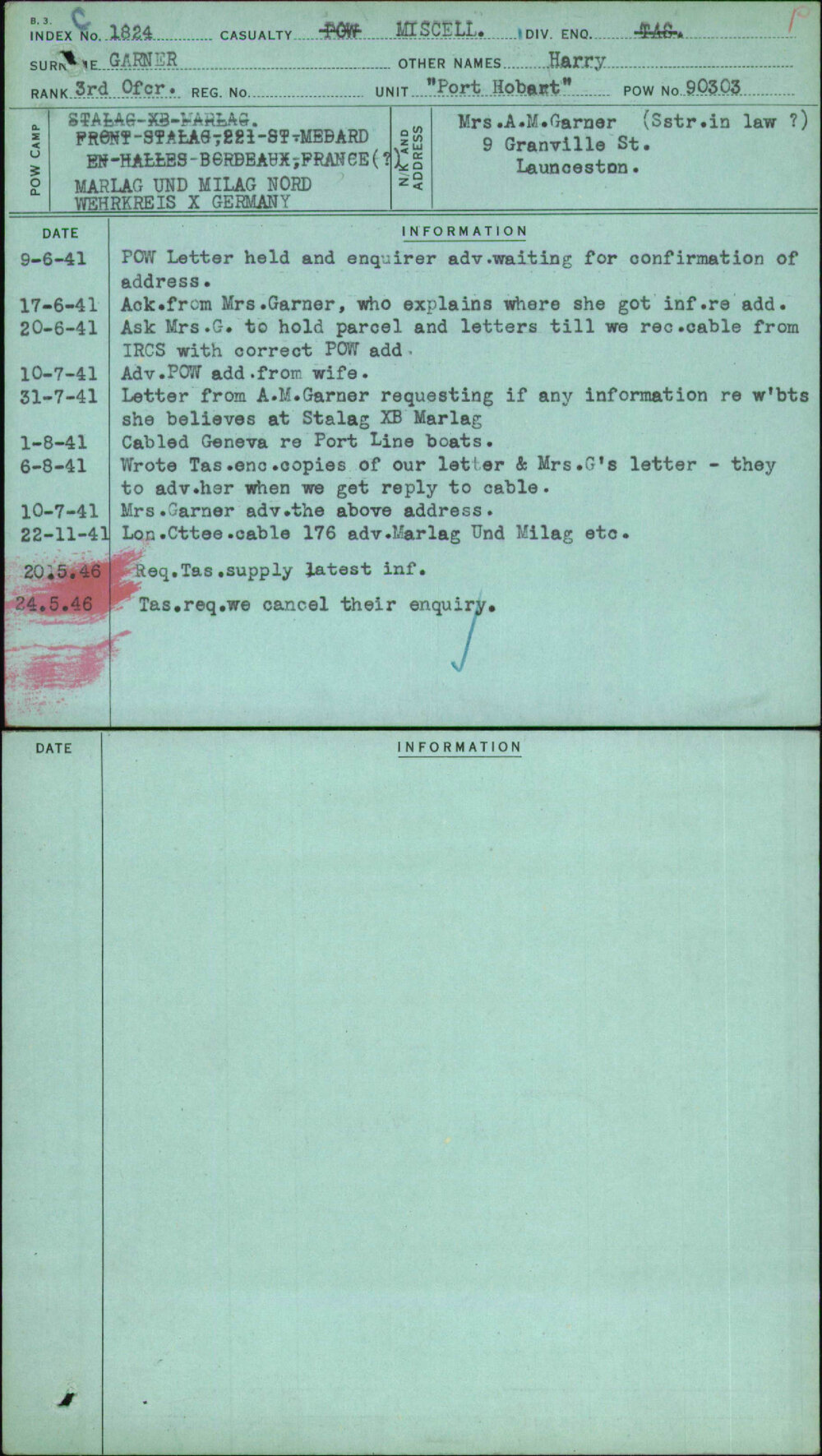 Garner, Harry, [No Service Number]