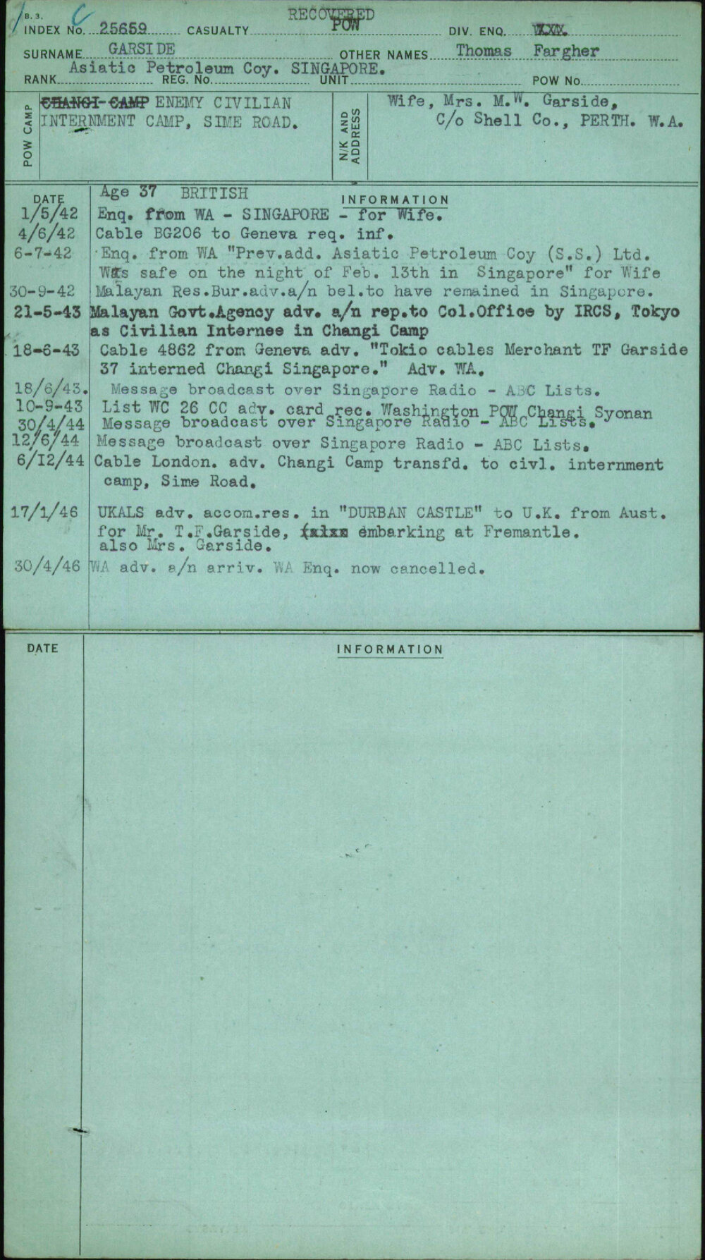 Garside, Thomas Fargher, [No Service Number]