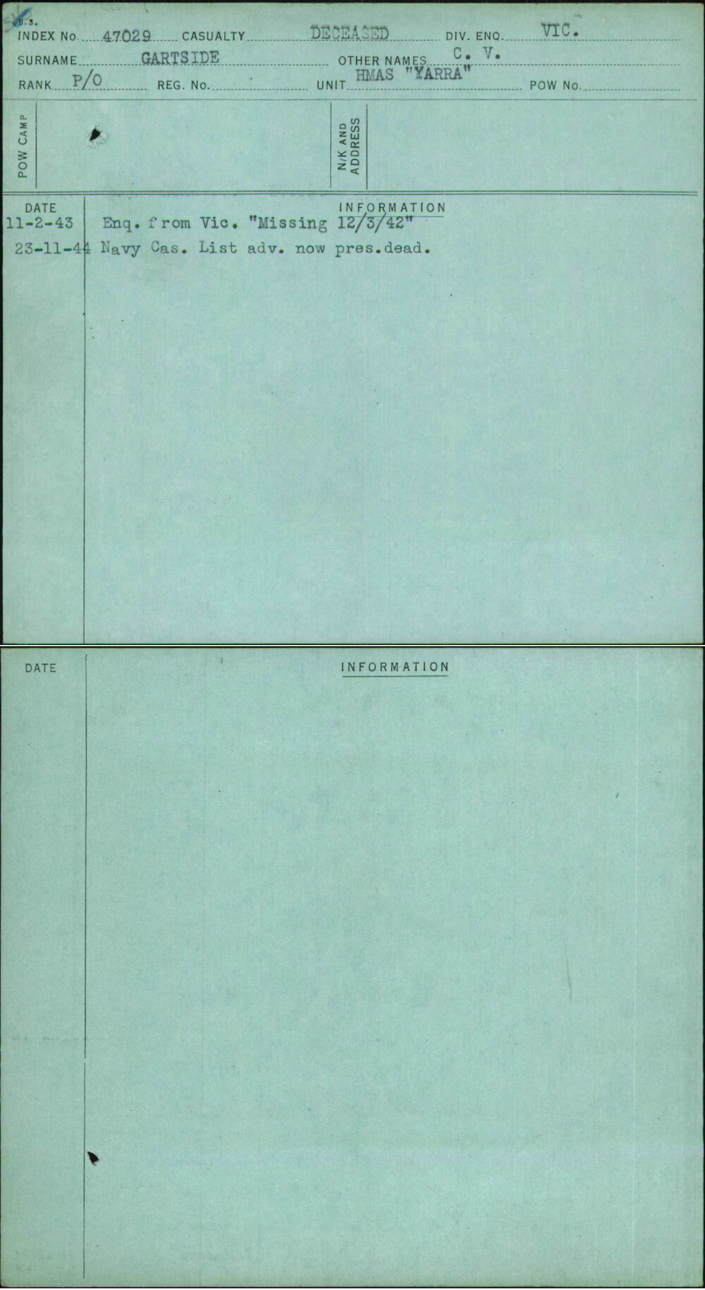 Gartside, C V, [No Service Number]