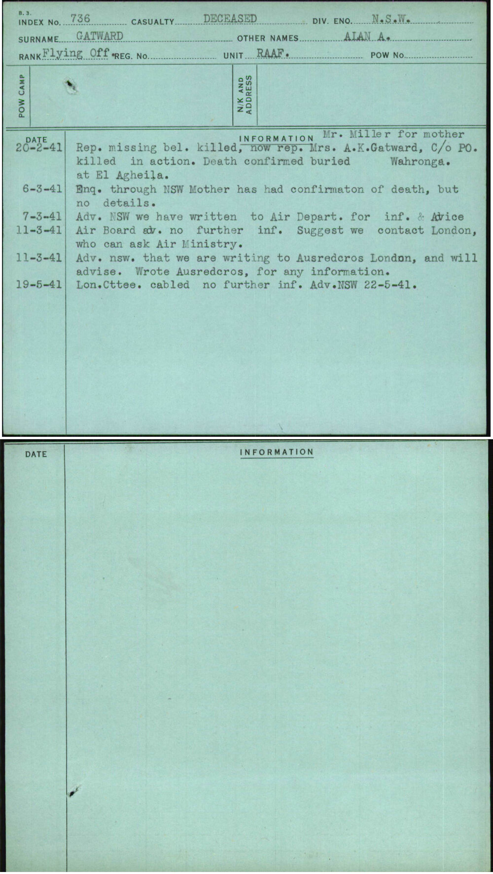 Gatward, Alan A, [No Service Number]