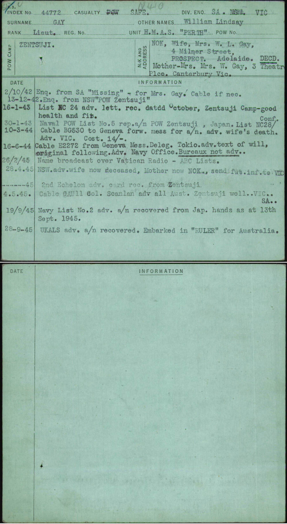 Gay, William Lindsay, [No Service Number]