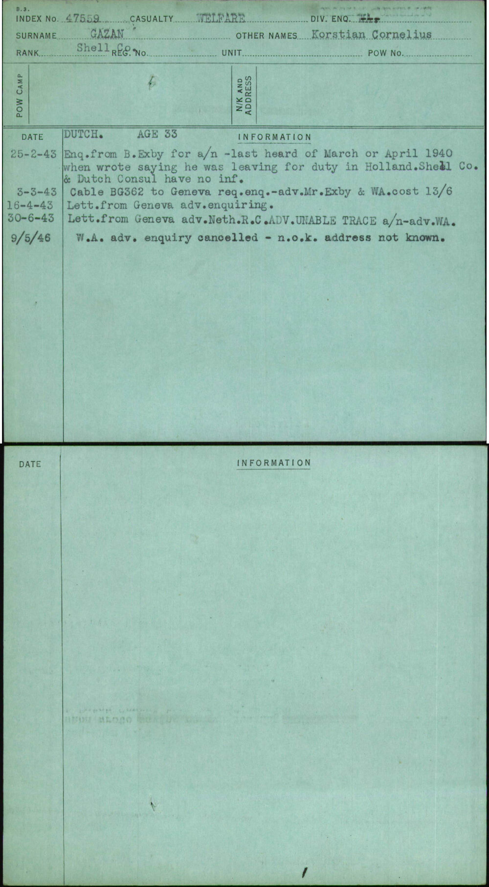 Gazan, Korstian Cornelius, [No Service Number]