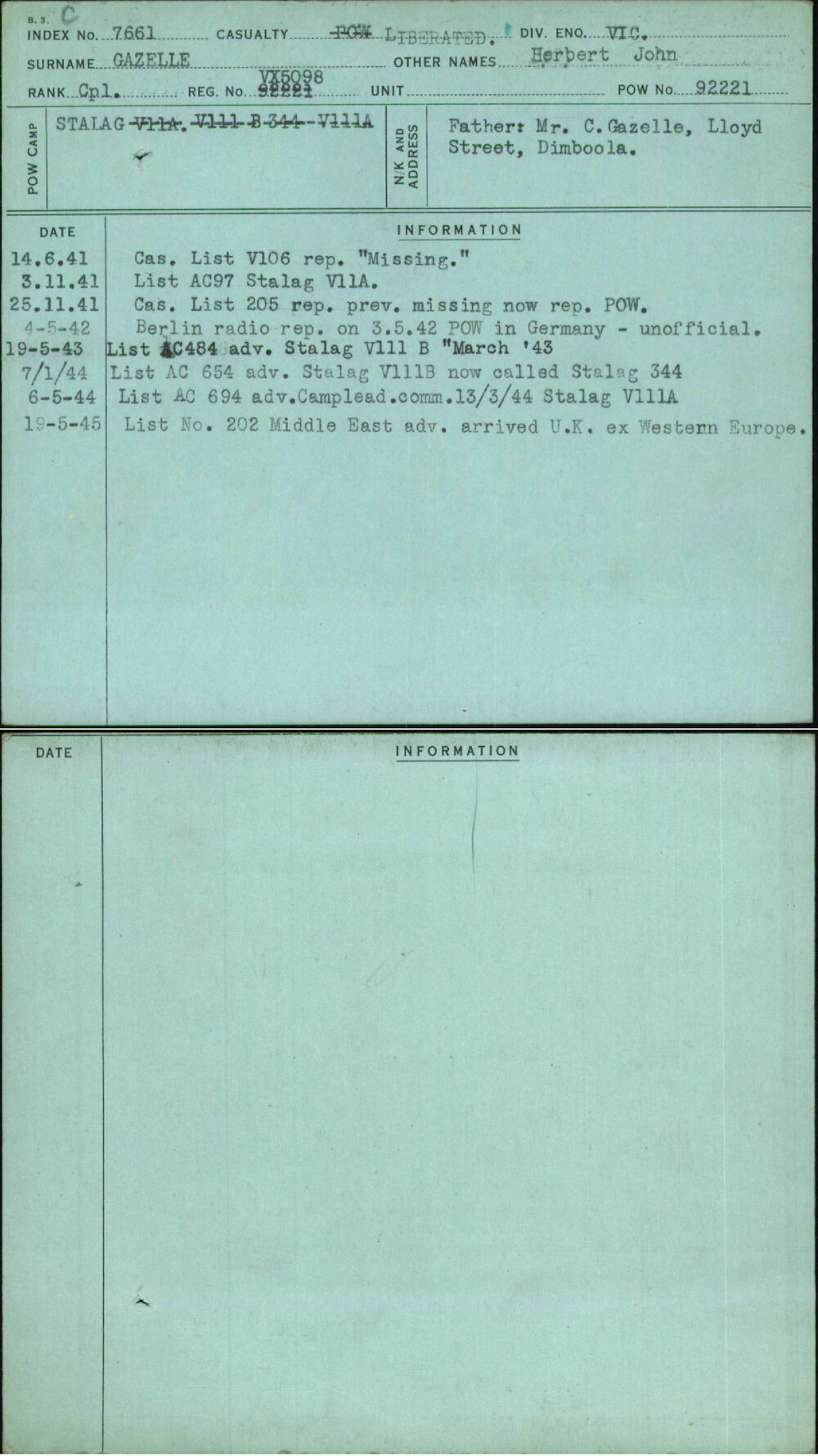 Gazelle, Herbert John, VX5098