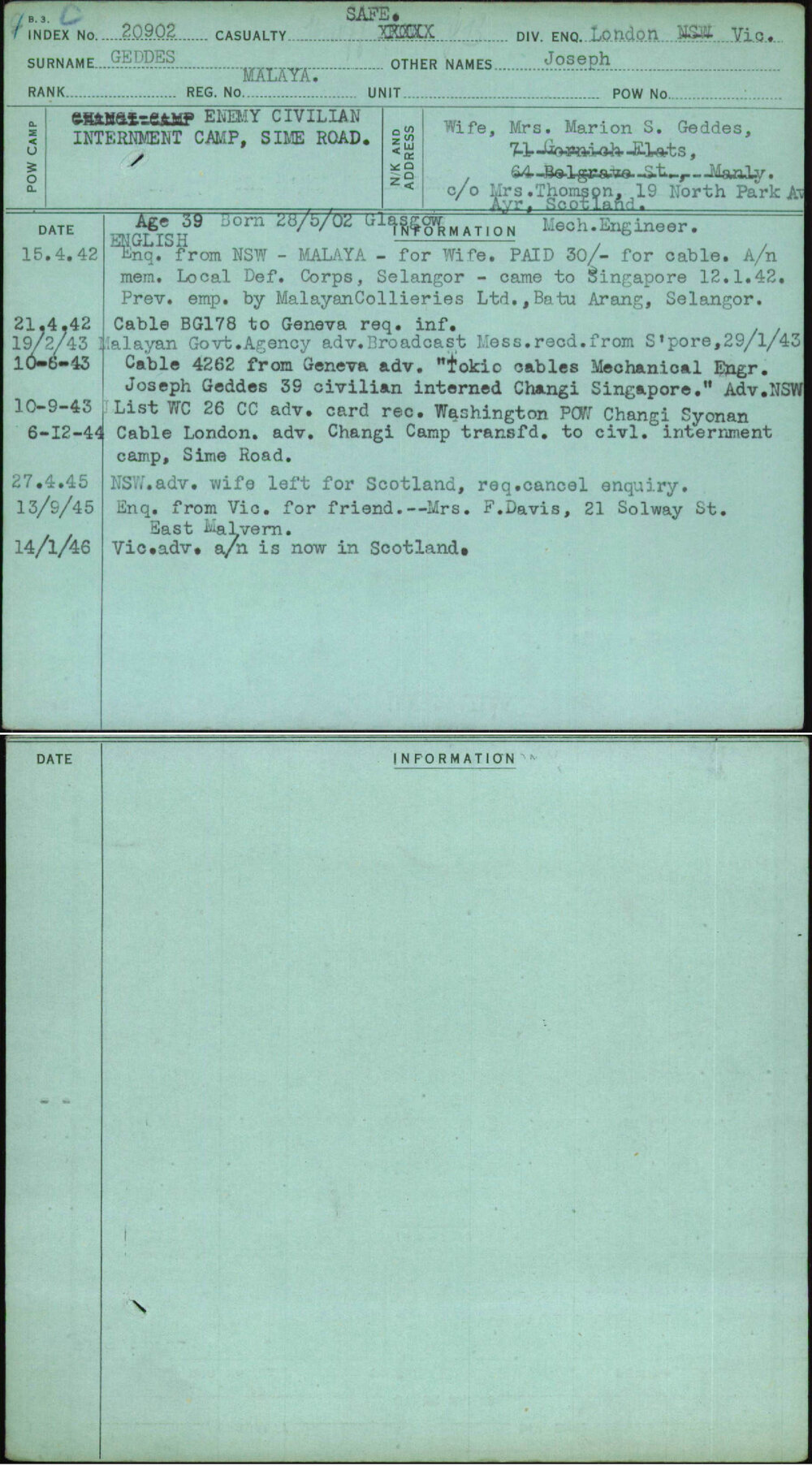 Geddes, Joseph, Malaya