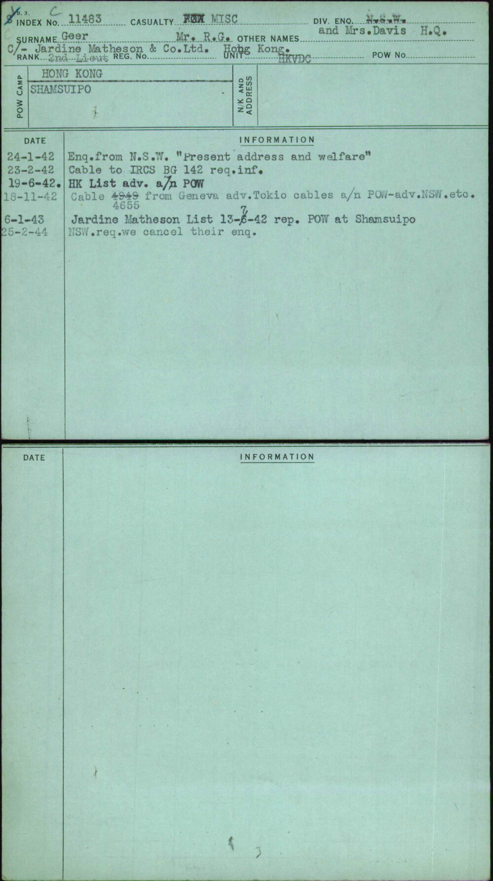 Geer, Mr R G And Mrs Davis H Q, [No Service Number]