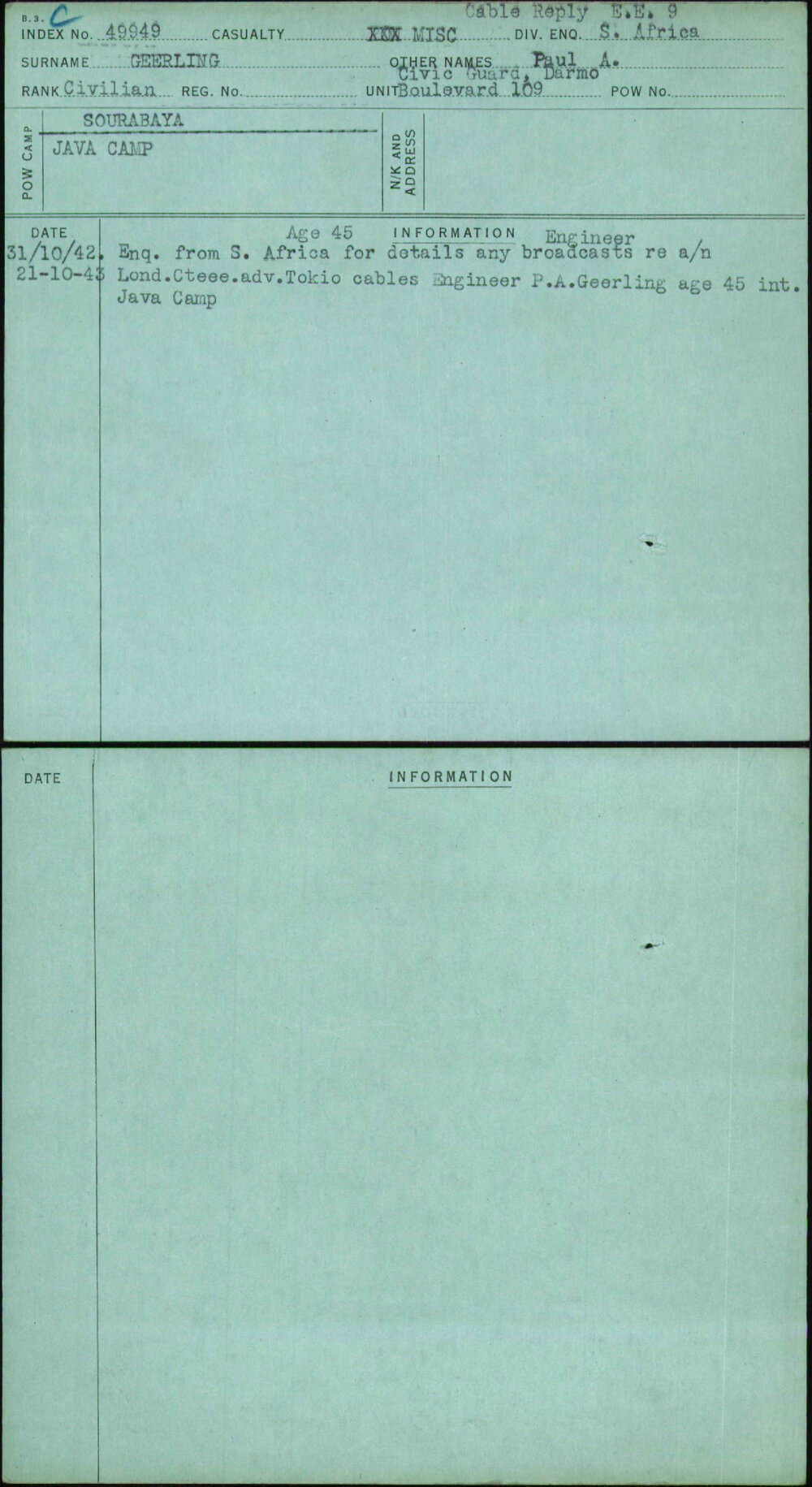 Geerling, Paul A, [No Service Number]