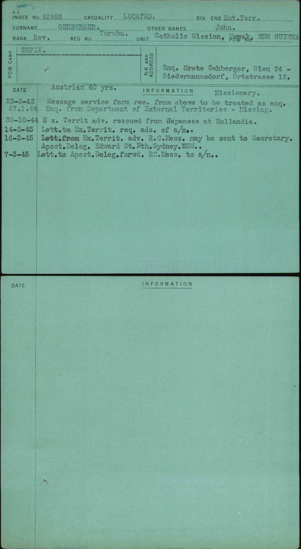 Gehberger, John, Turubu