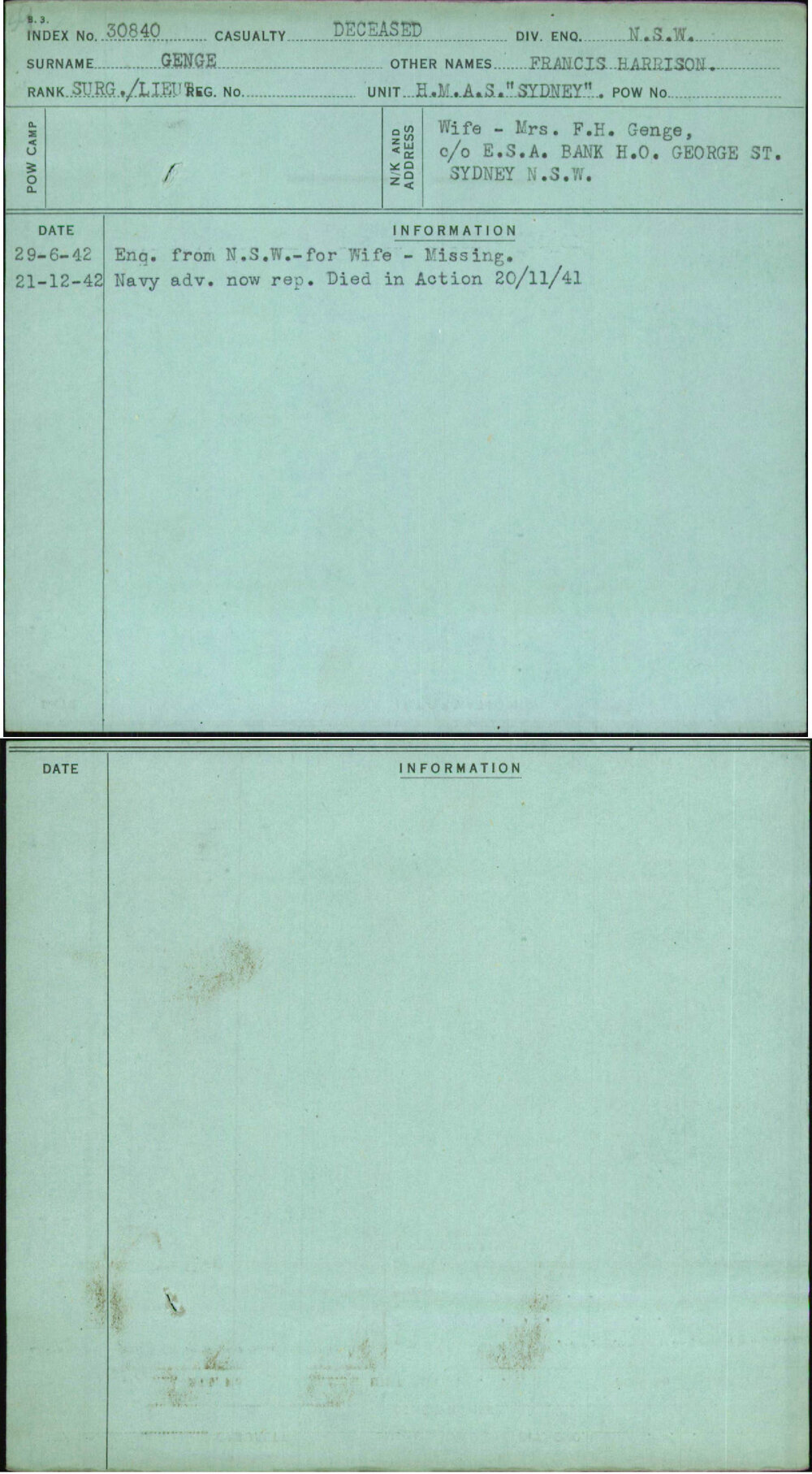 Genge, Francis Harrison, [No Service Number]