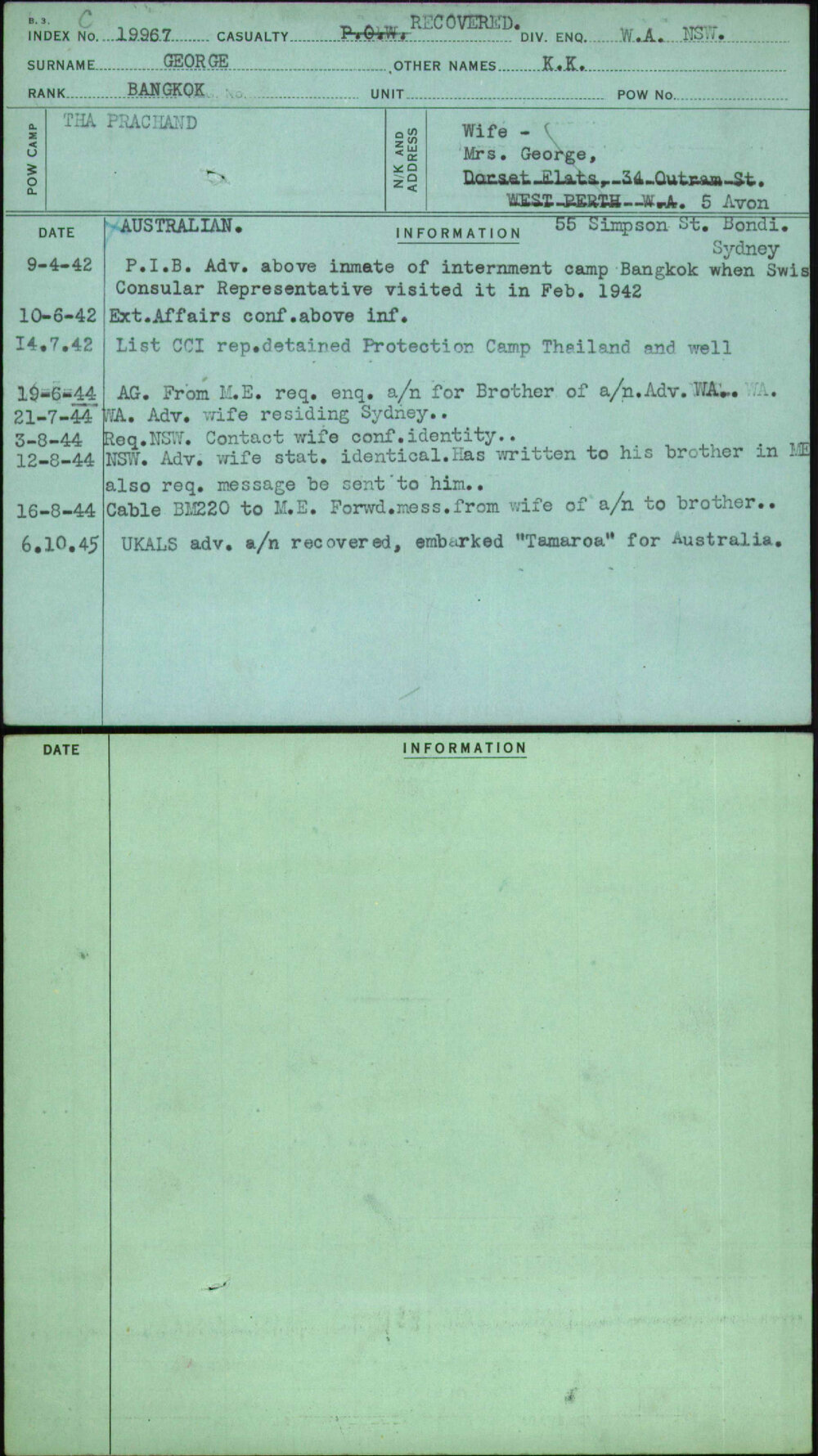 George, K K, [No Service Number]