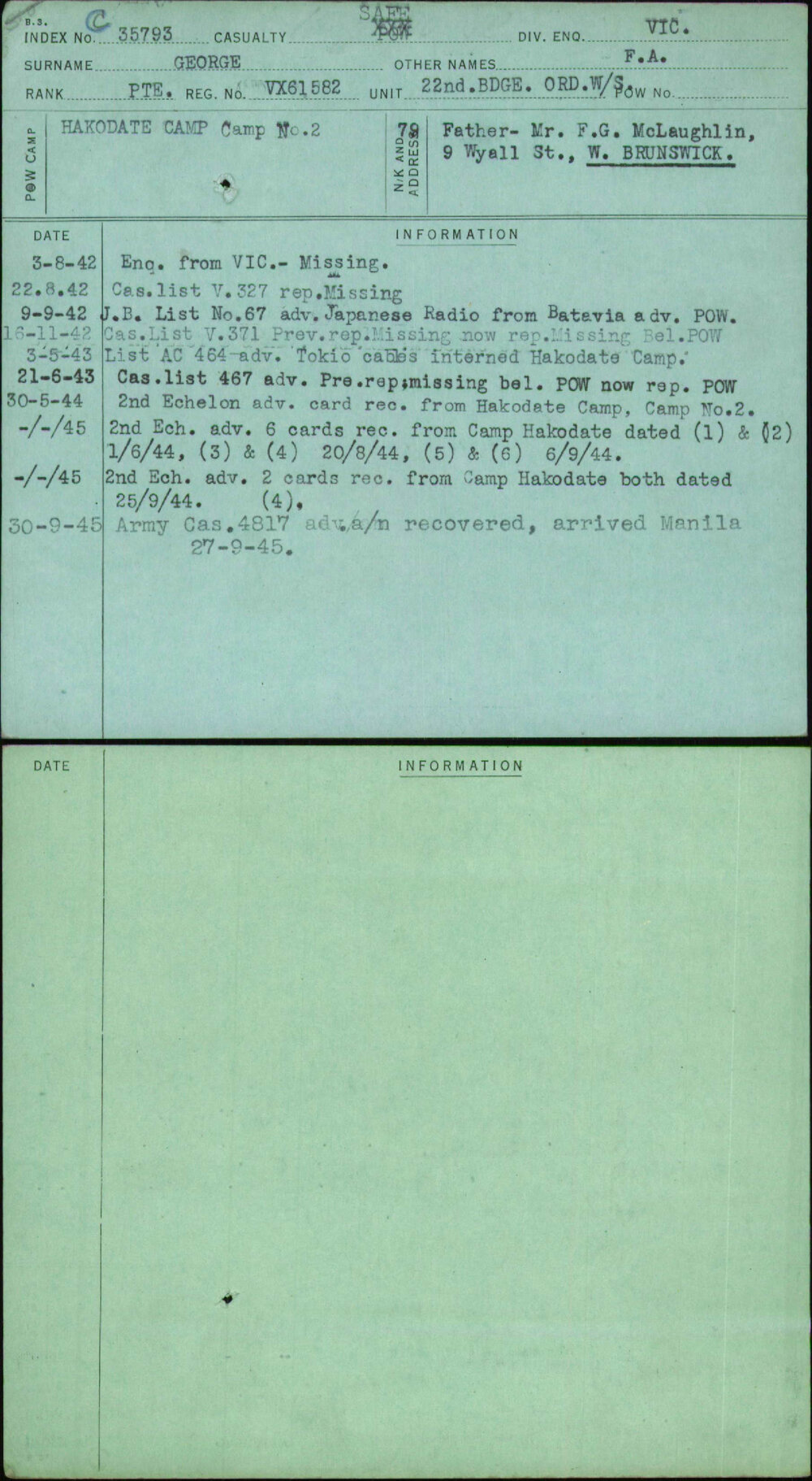 George, F A, VX61582