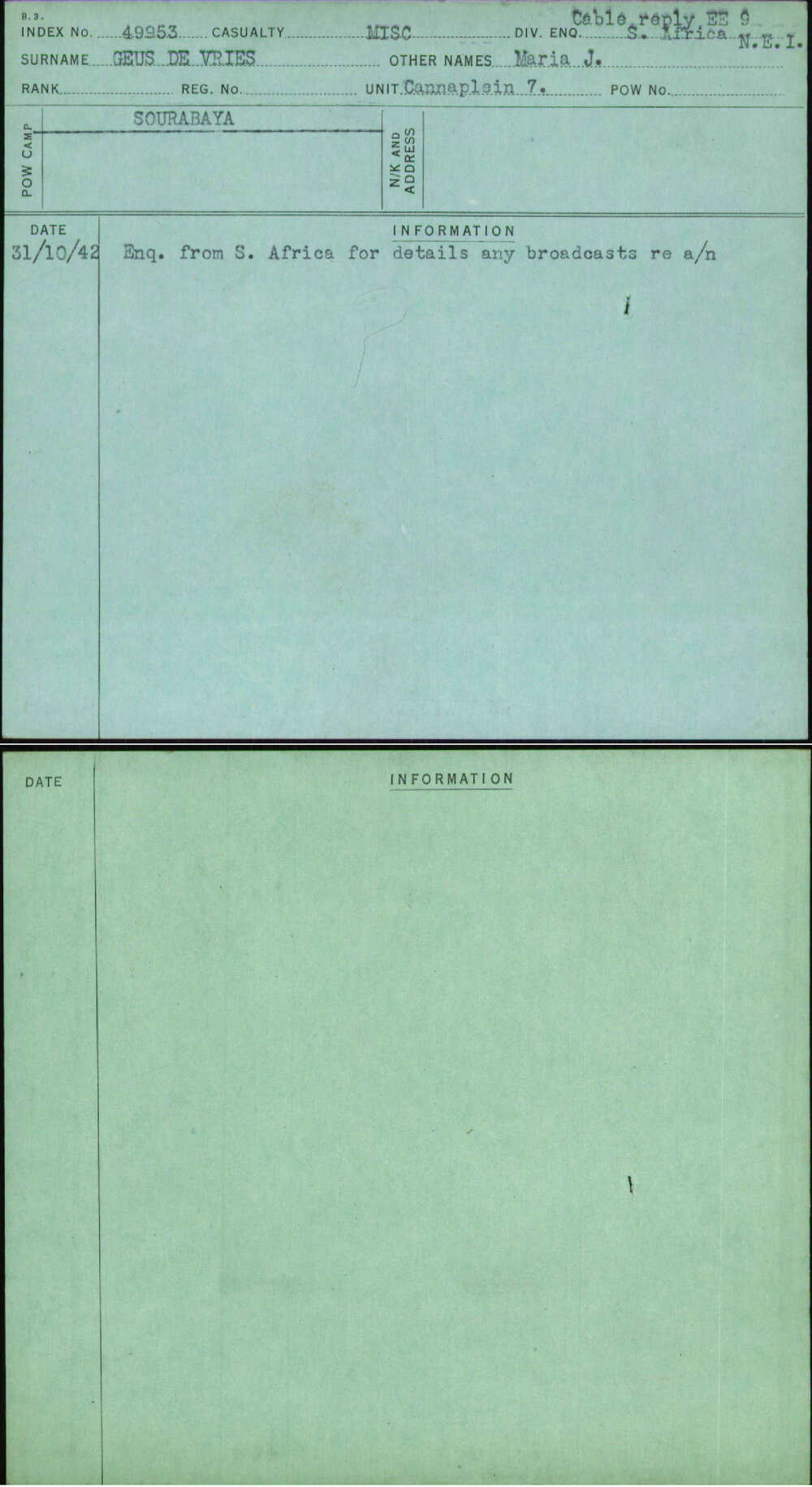 Geus De Vries, Maria J, [No Service Number]