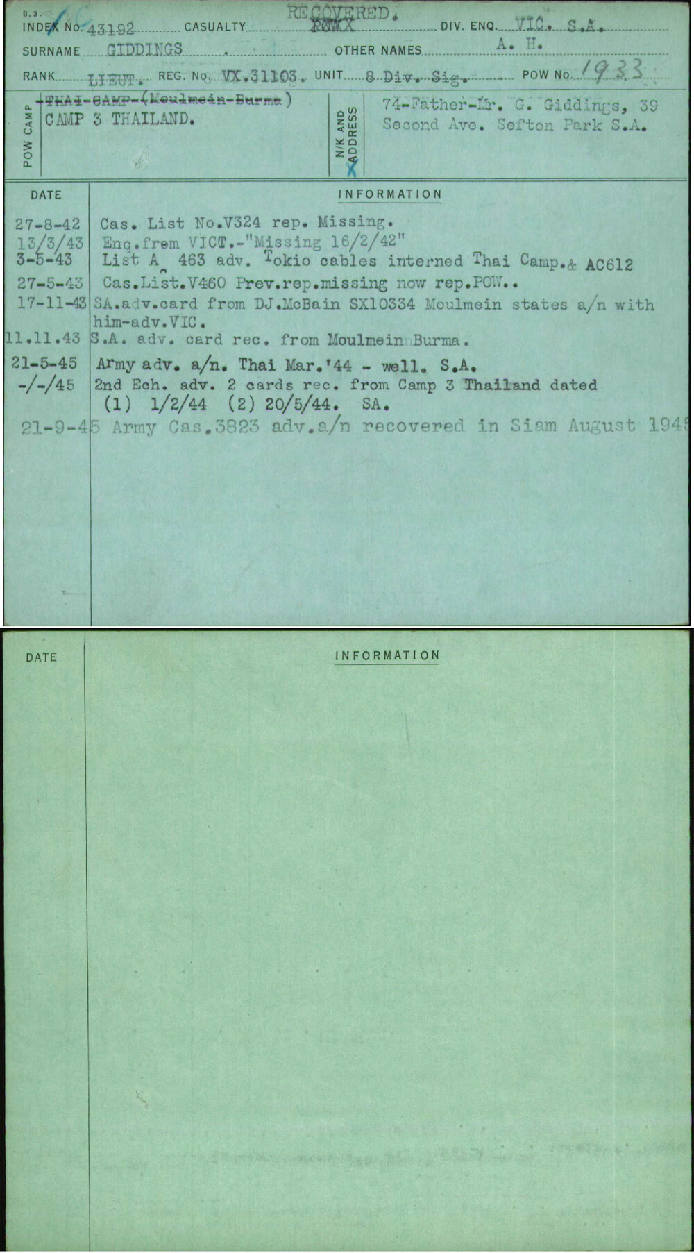 Giddings, A H, VX31103