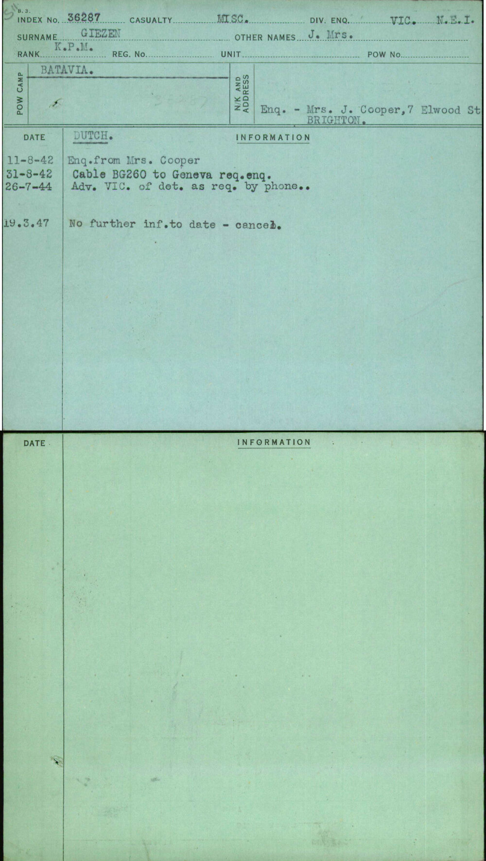 Giezen, J Mrs, [No Service Number]