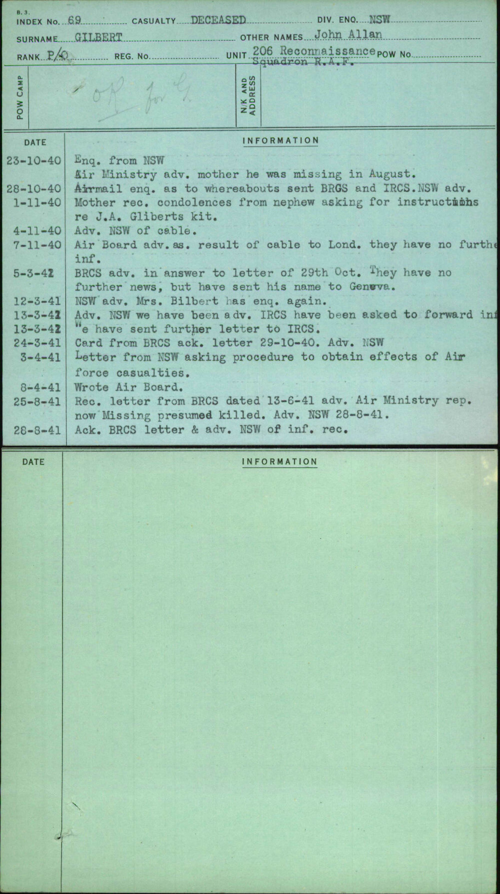 Gilbert, John Allan, [No Service Number]