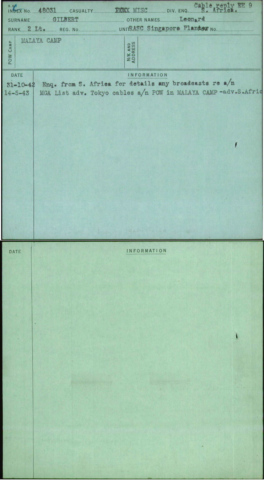 Gilbert, Leonard, [No Service Number]