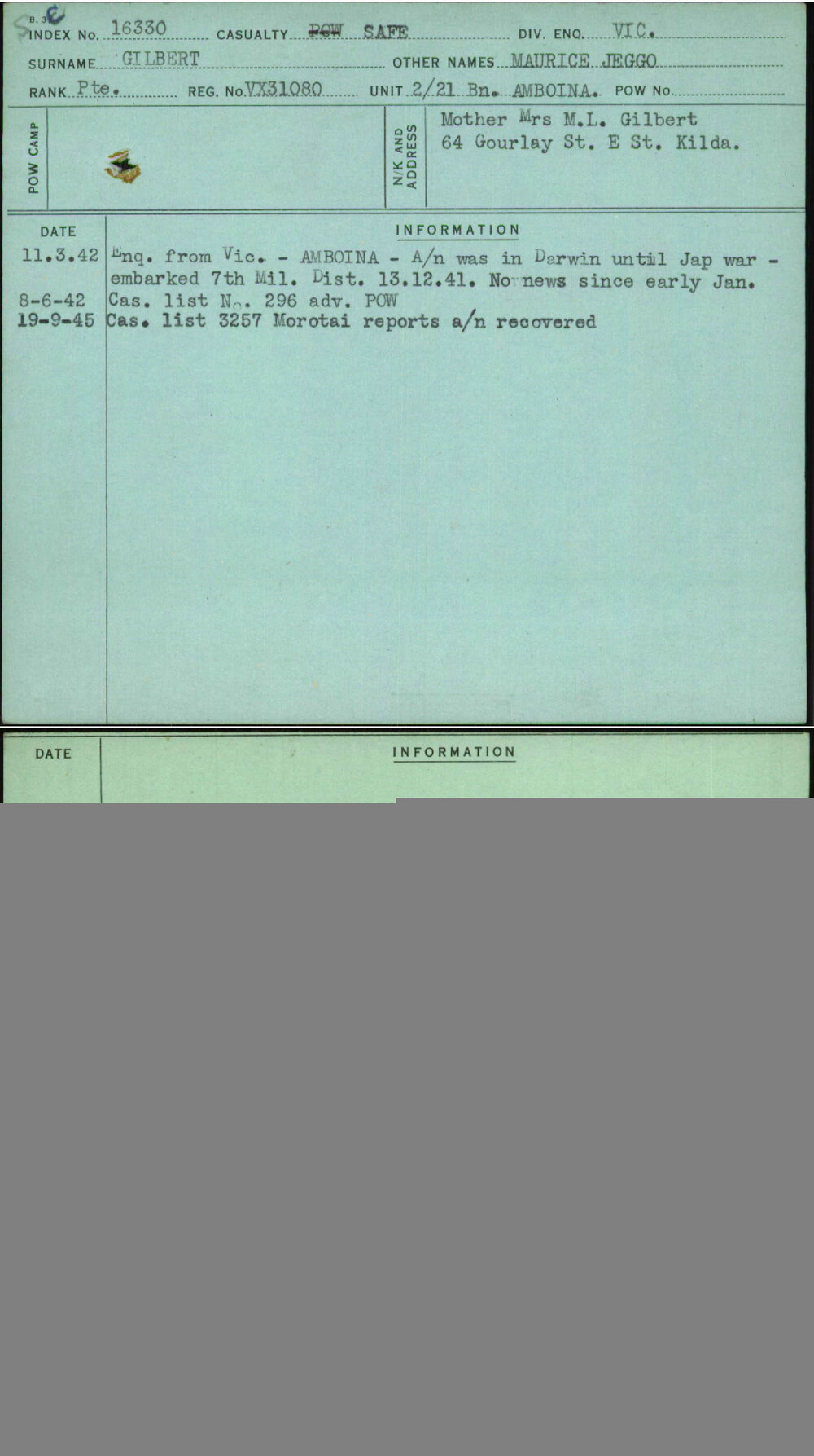 Gilbert, Maurice Jeggo, VX31080