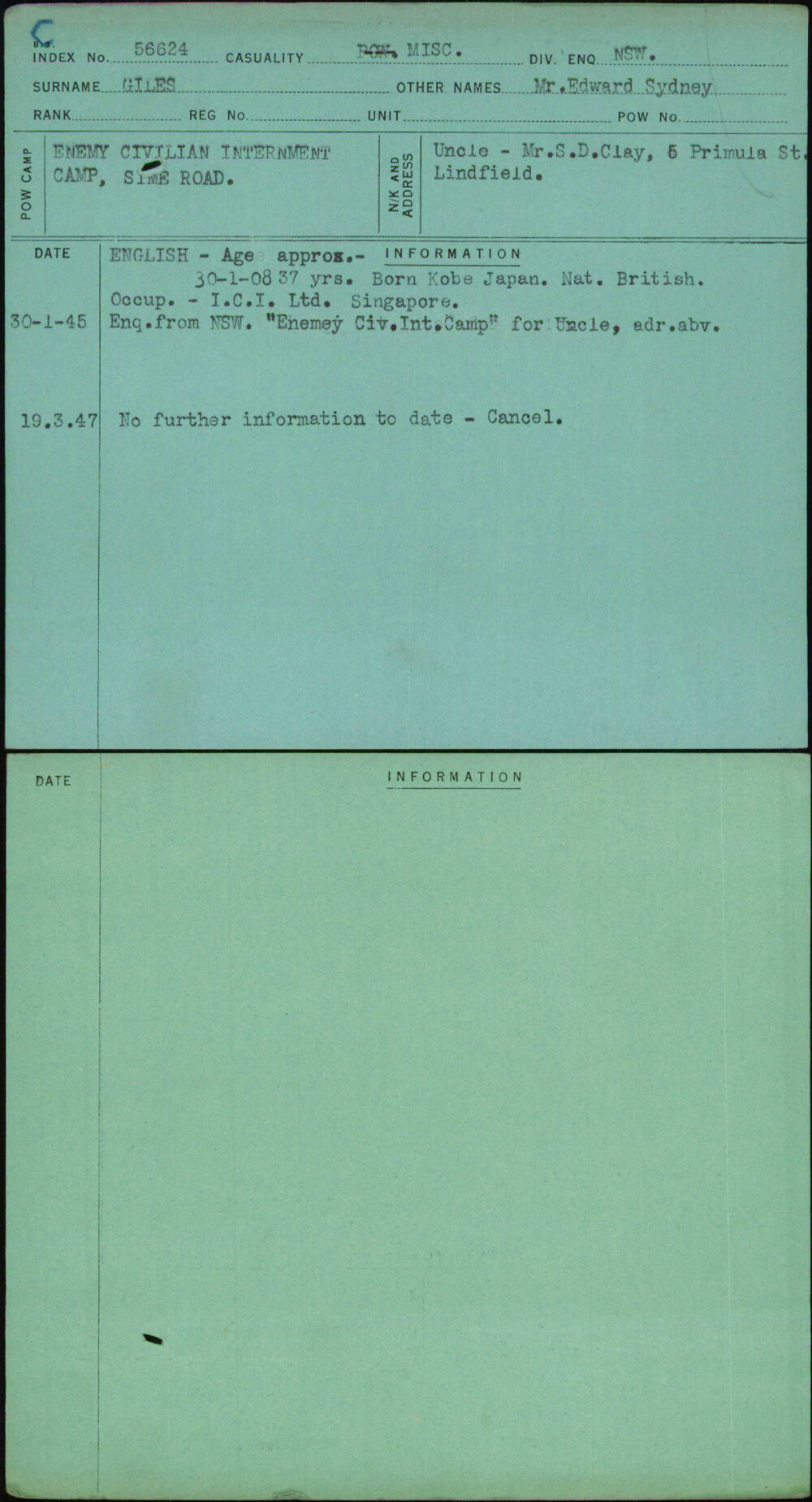 Giles, Mr Edward Sydney, [No Service Number]