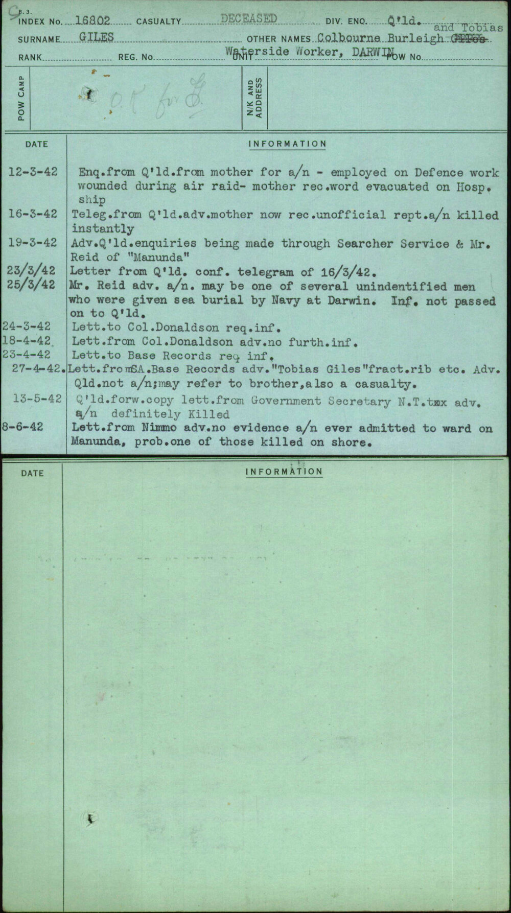 Giles, Colbourne Burleigh And Tobias, [No Service Number]