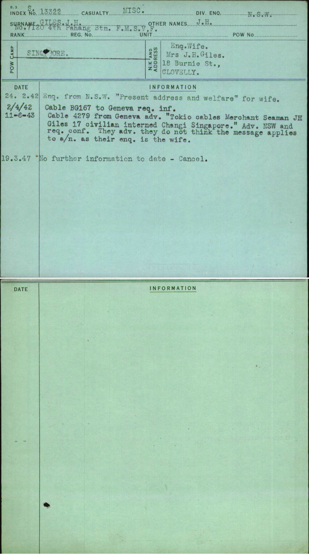 Giles Jh, J H, [No Service Number]