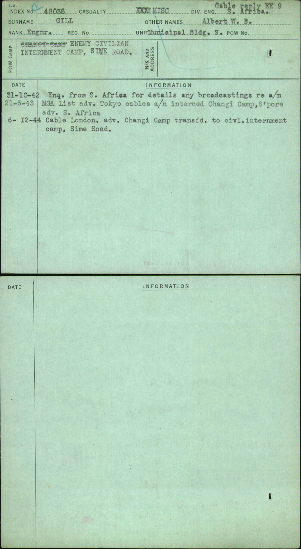 Gill, Albert W B, [No Service Number]