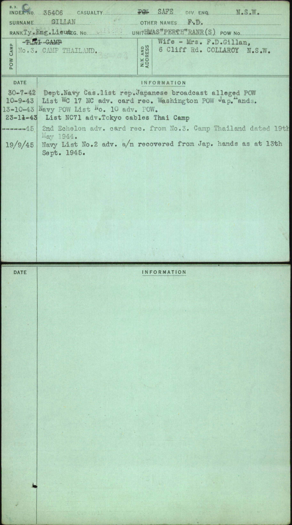 Gillan, F D, [No Service Number]