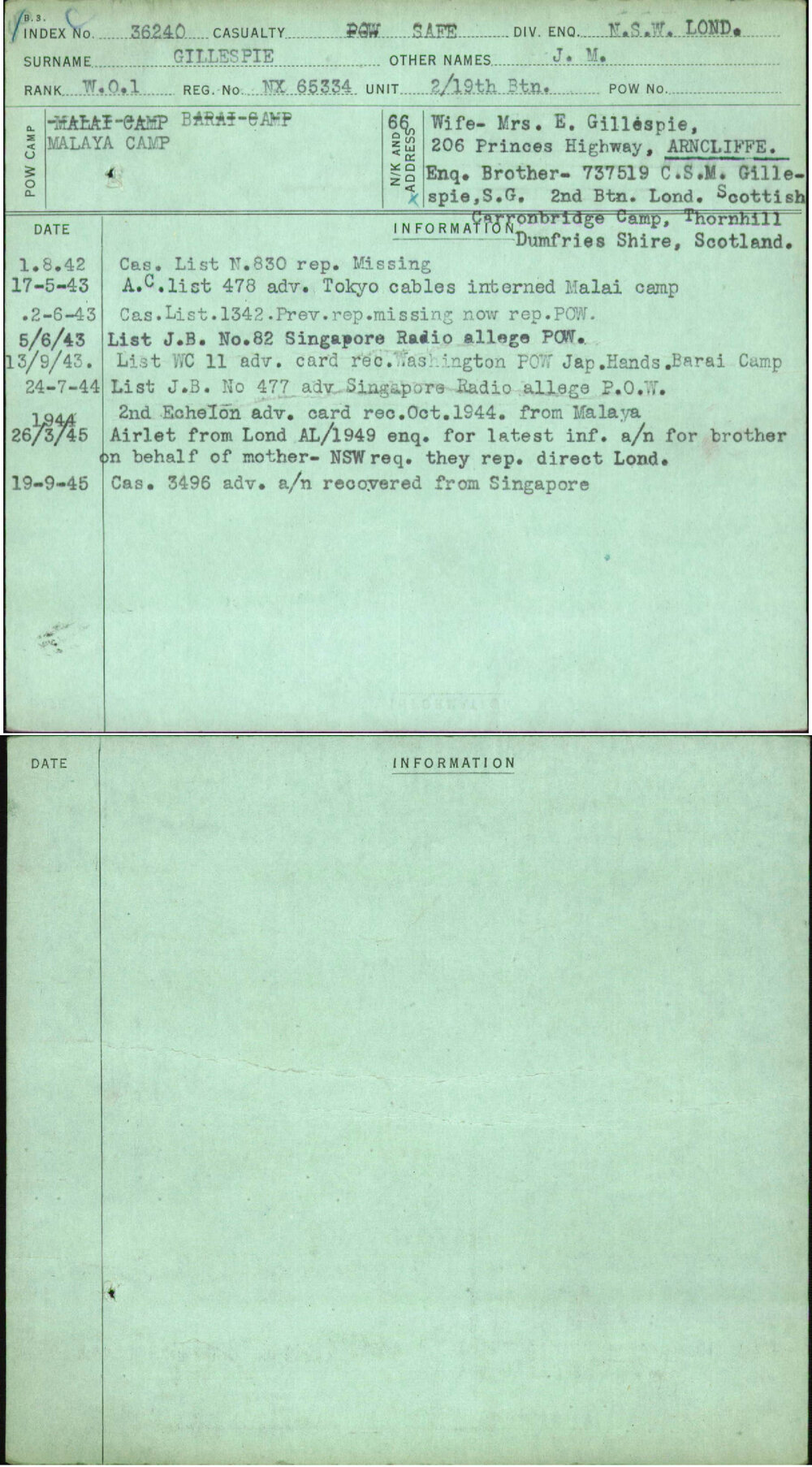 Gillespie, J M, NX65334