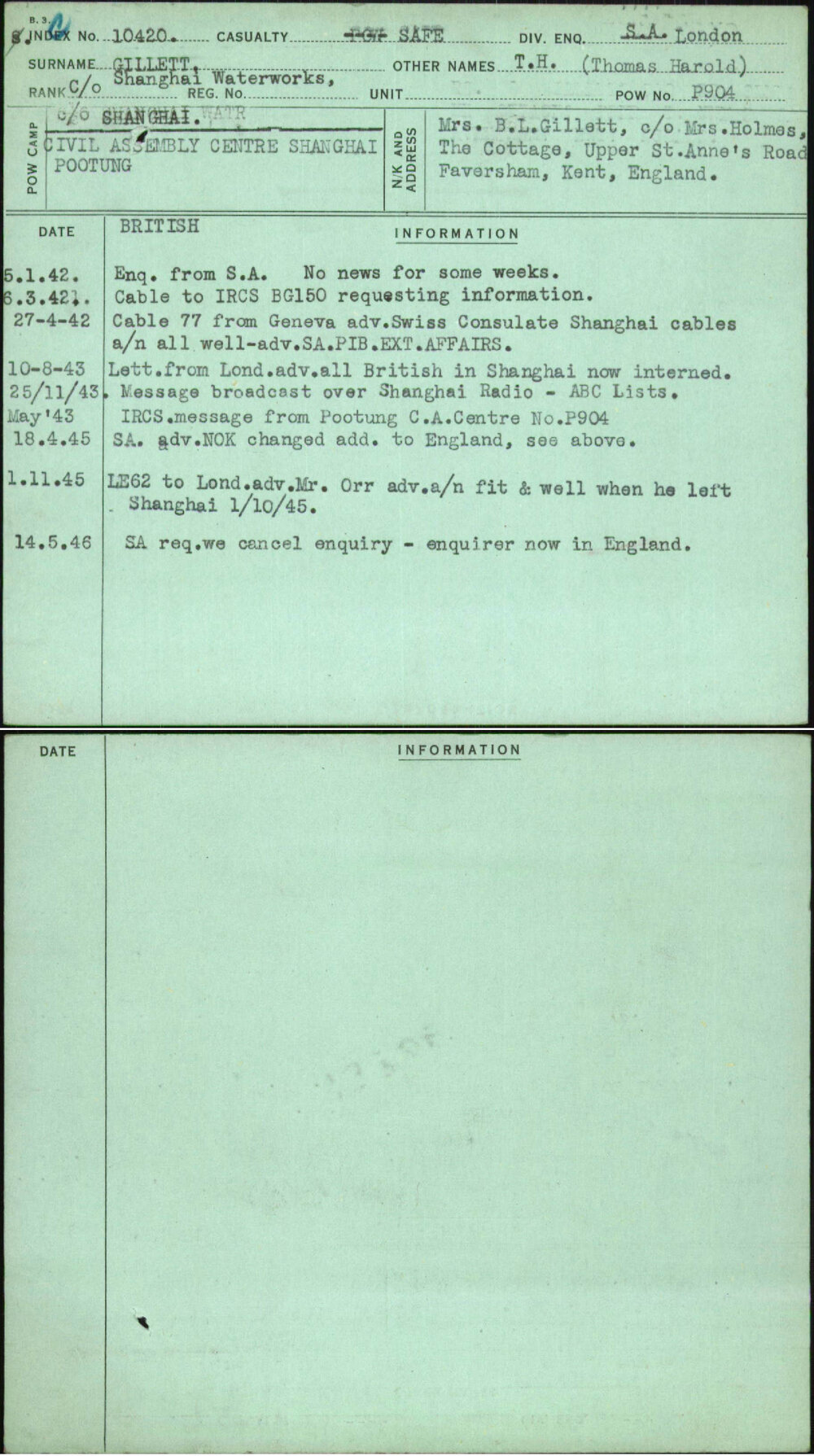 Gillett, T H (Thomas Harold), [No Service Number]