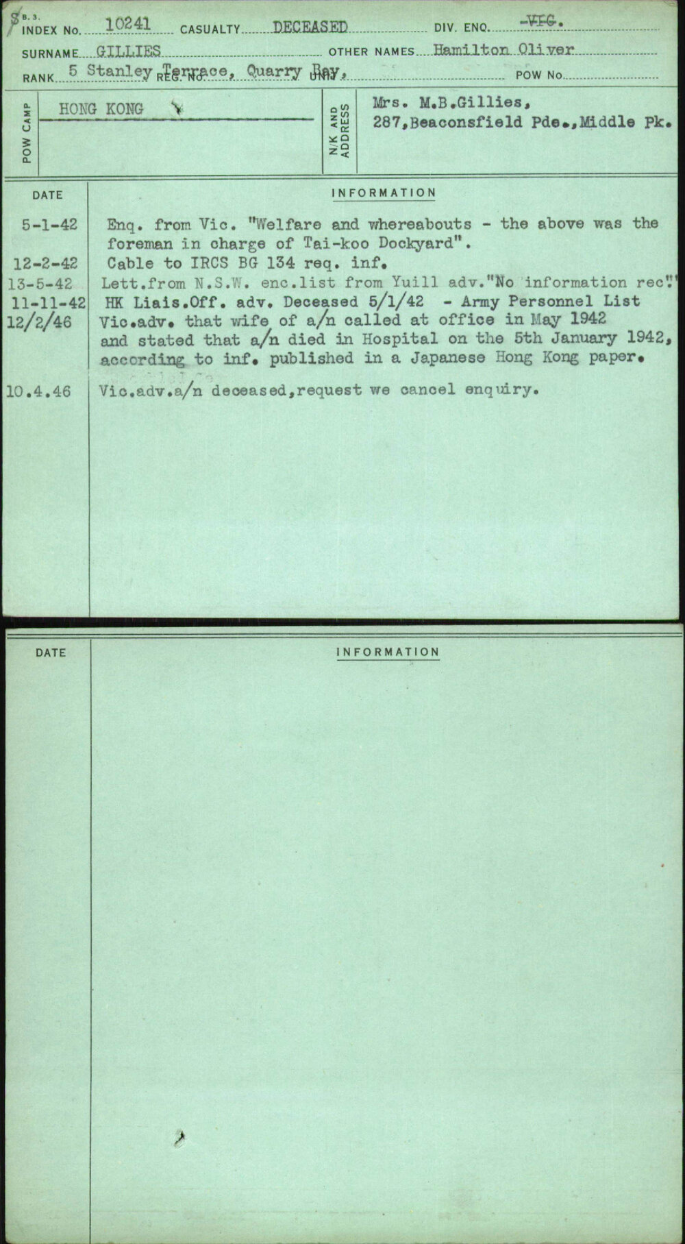 Gillies, Hamilton Oliver, [No Service Number]