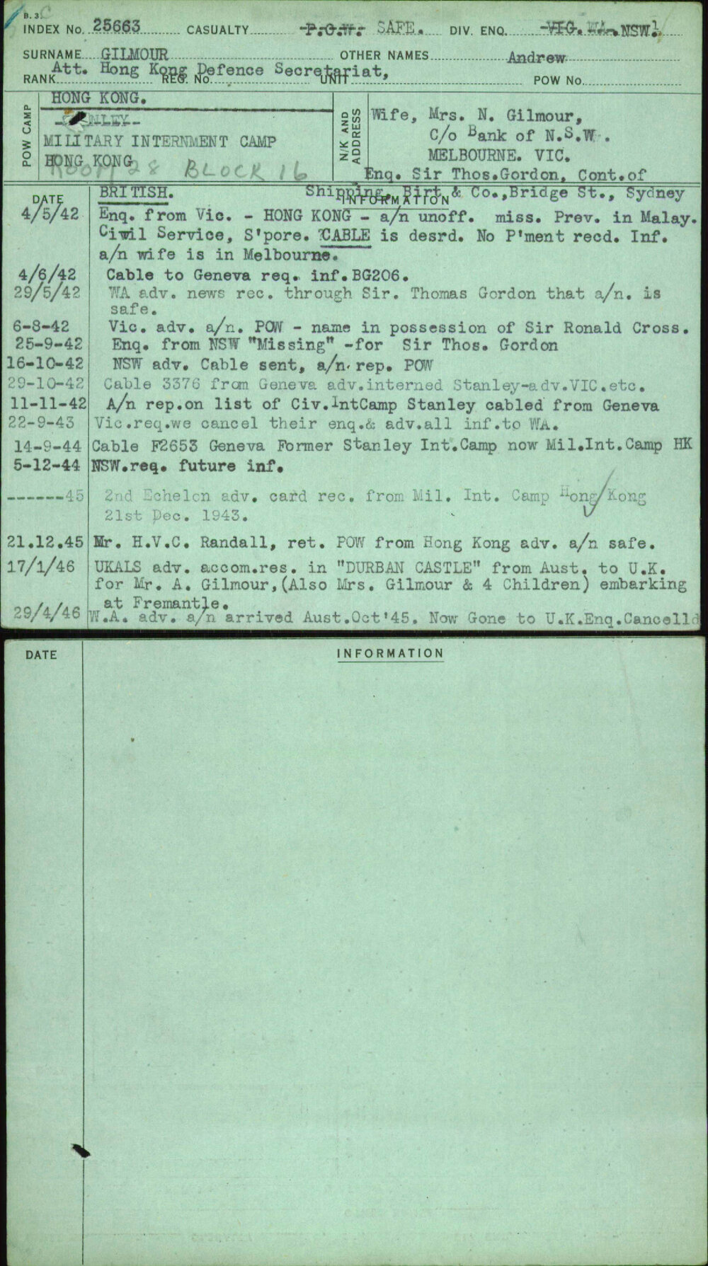 Gilmour, Andrew, [No Service Number]