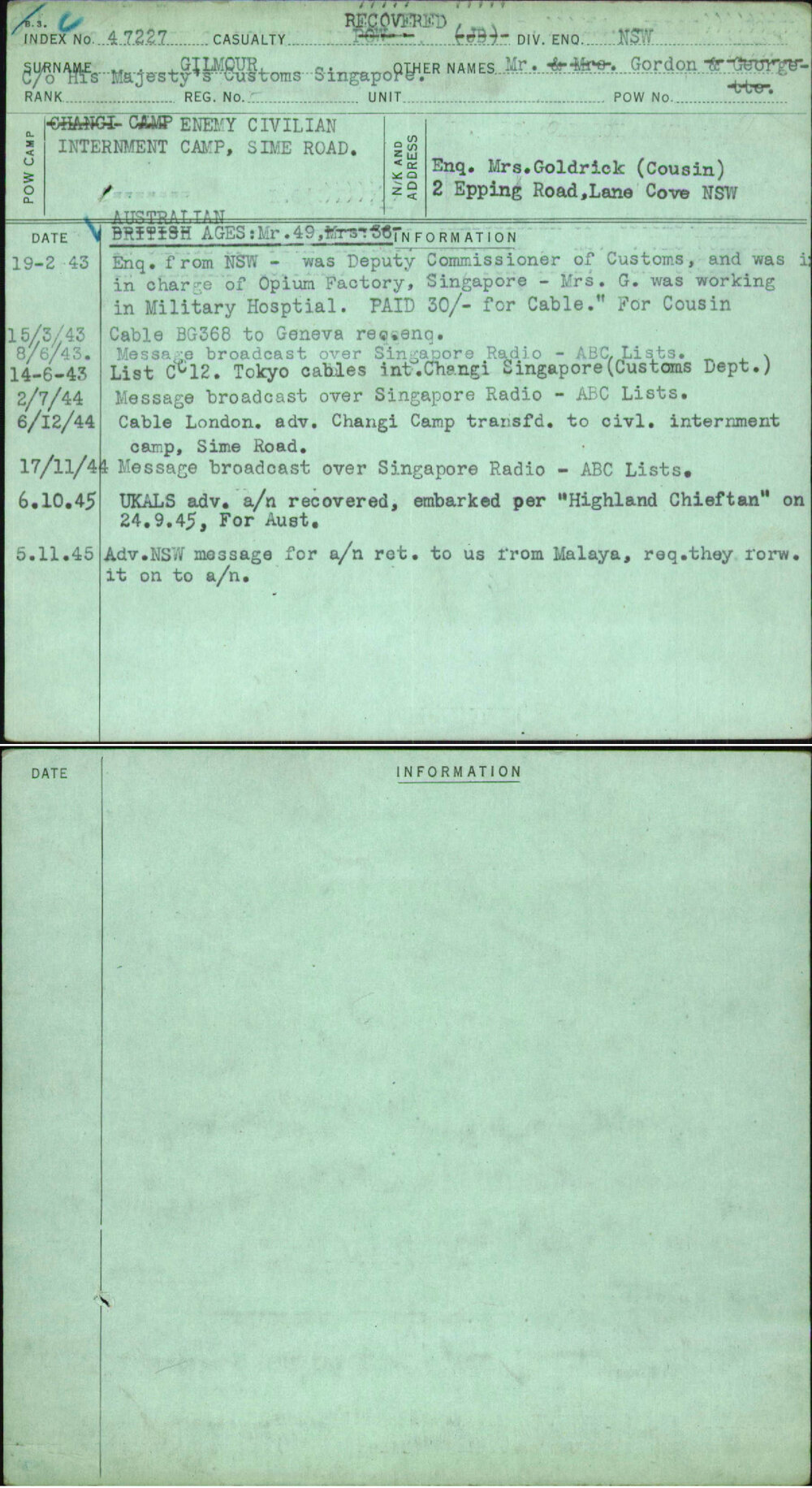 Gilmour, Mr Gordon, [No Service Number]