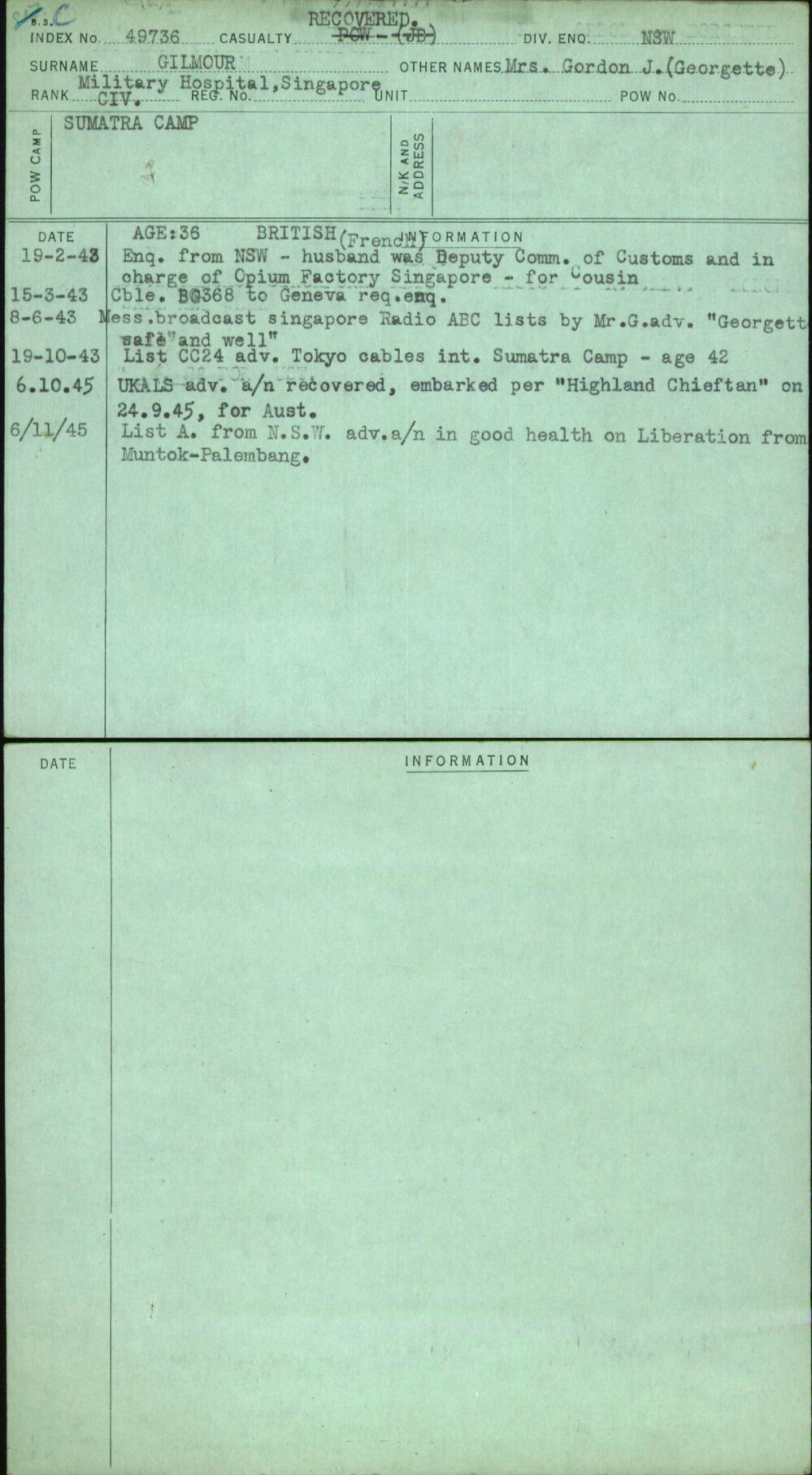 Gilmour, Mrs Gordon J (Georgette), [No Service Number]