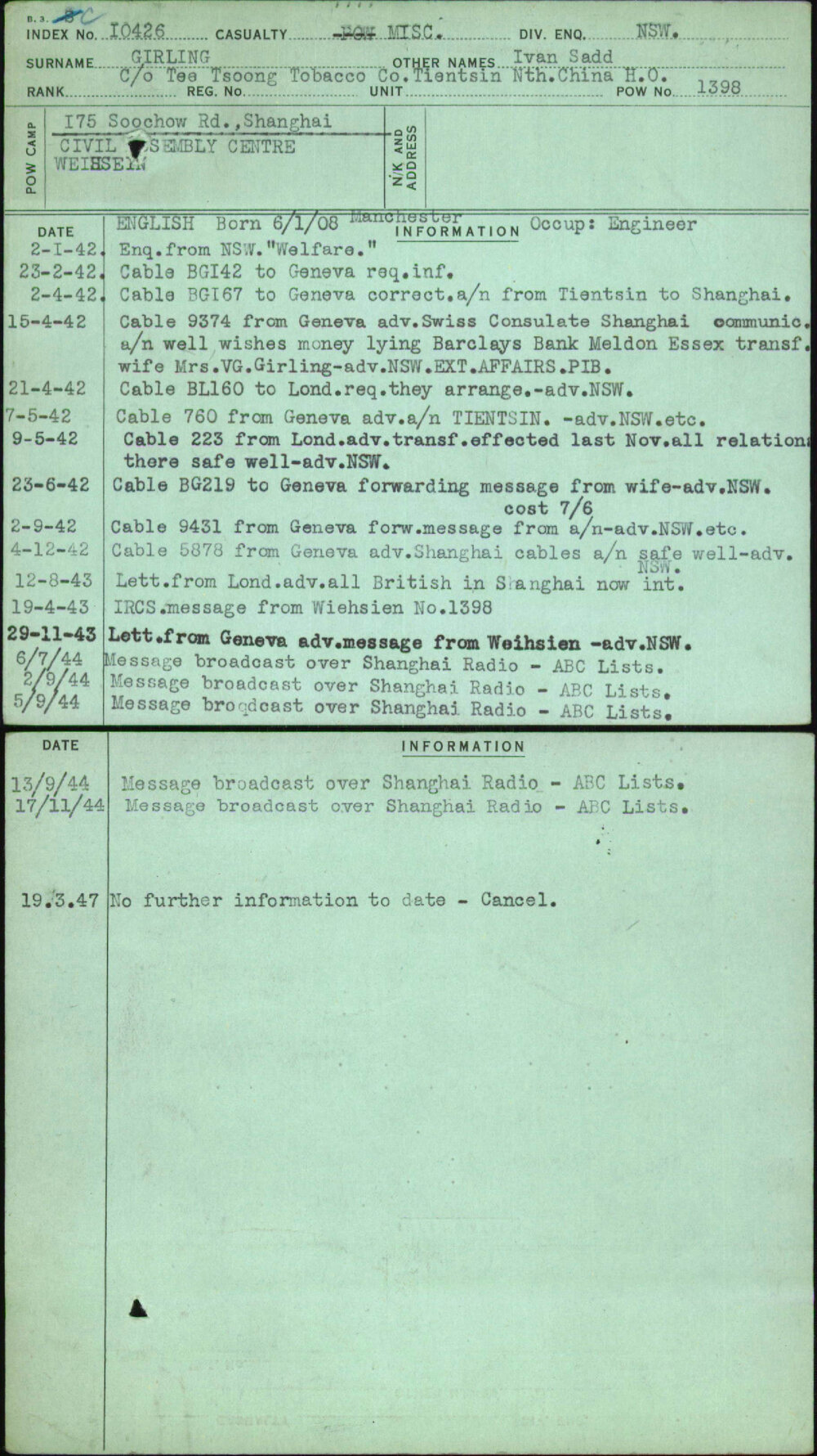 Girling, Ivan Sadd, [No Service Number]