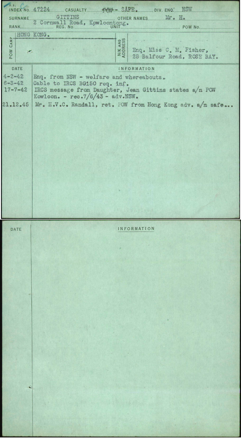 Gittins, Mr H, [No Service Number]