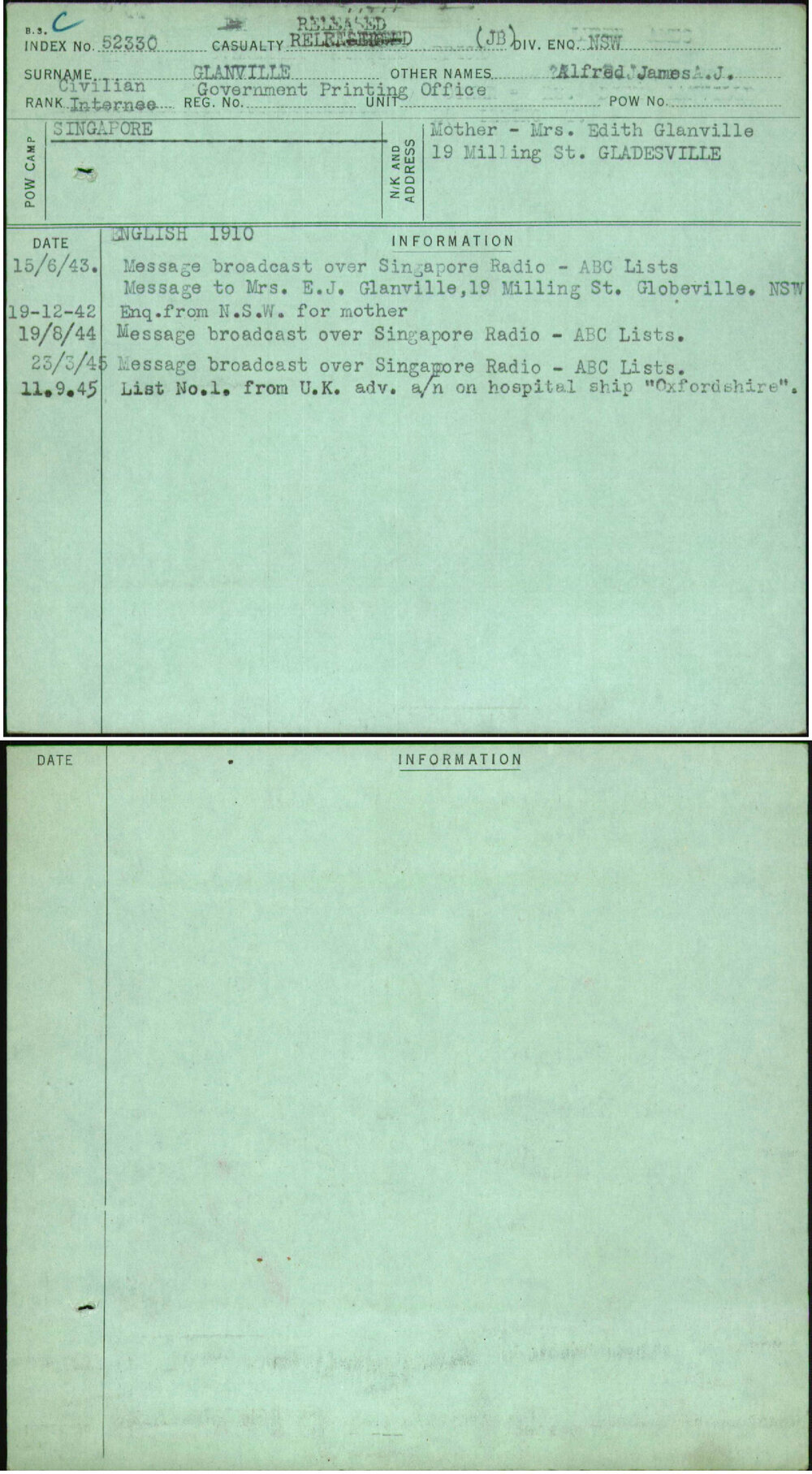 Glanville, Alfred James A J, Government Printing Office