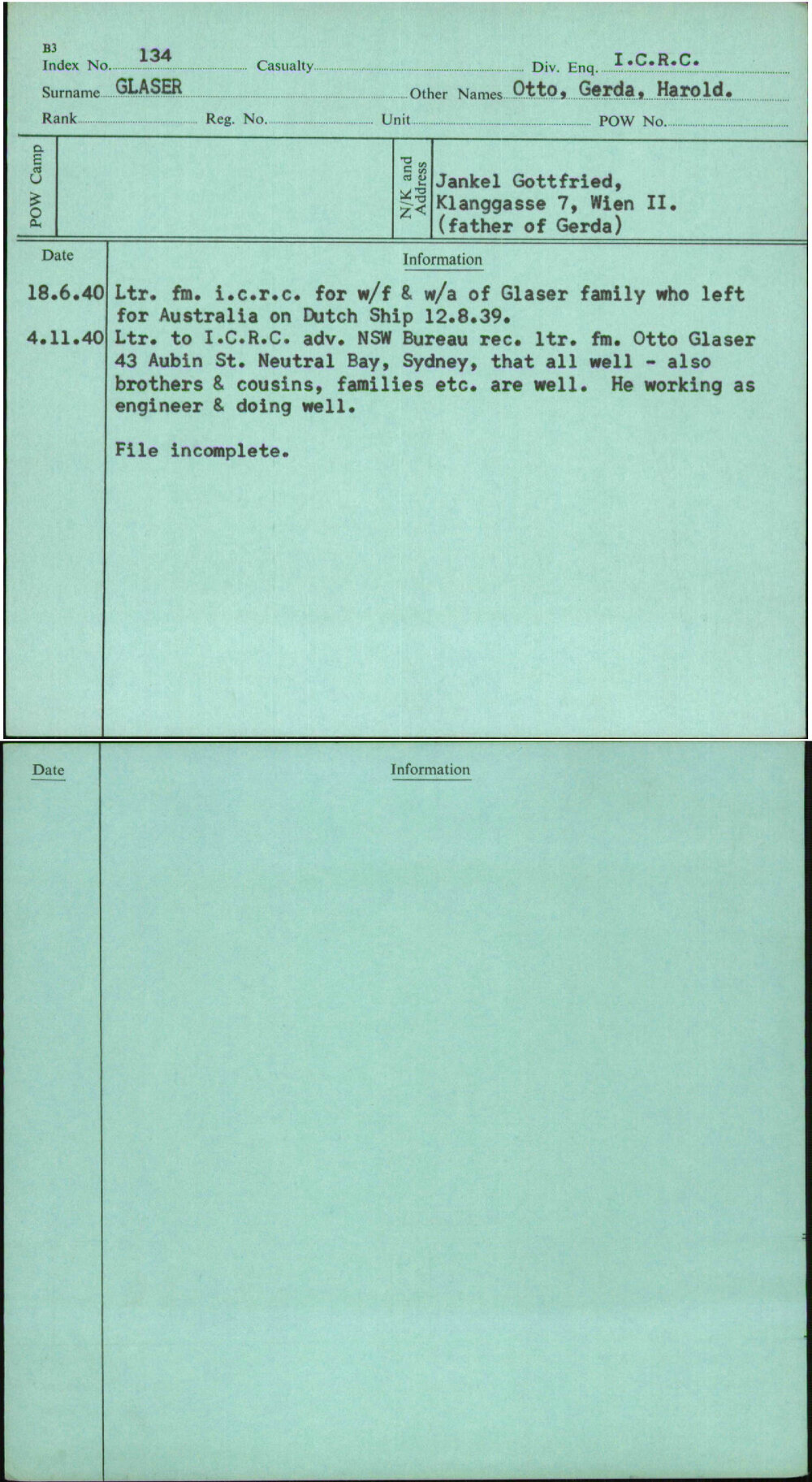Glaser, Otto Gerda Harold, [No Service Number]