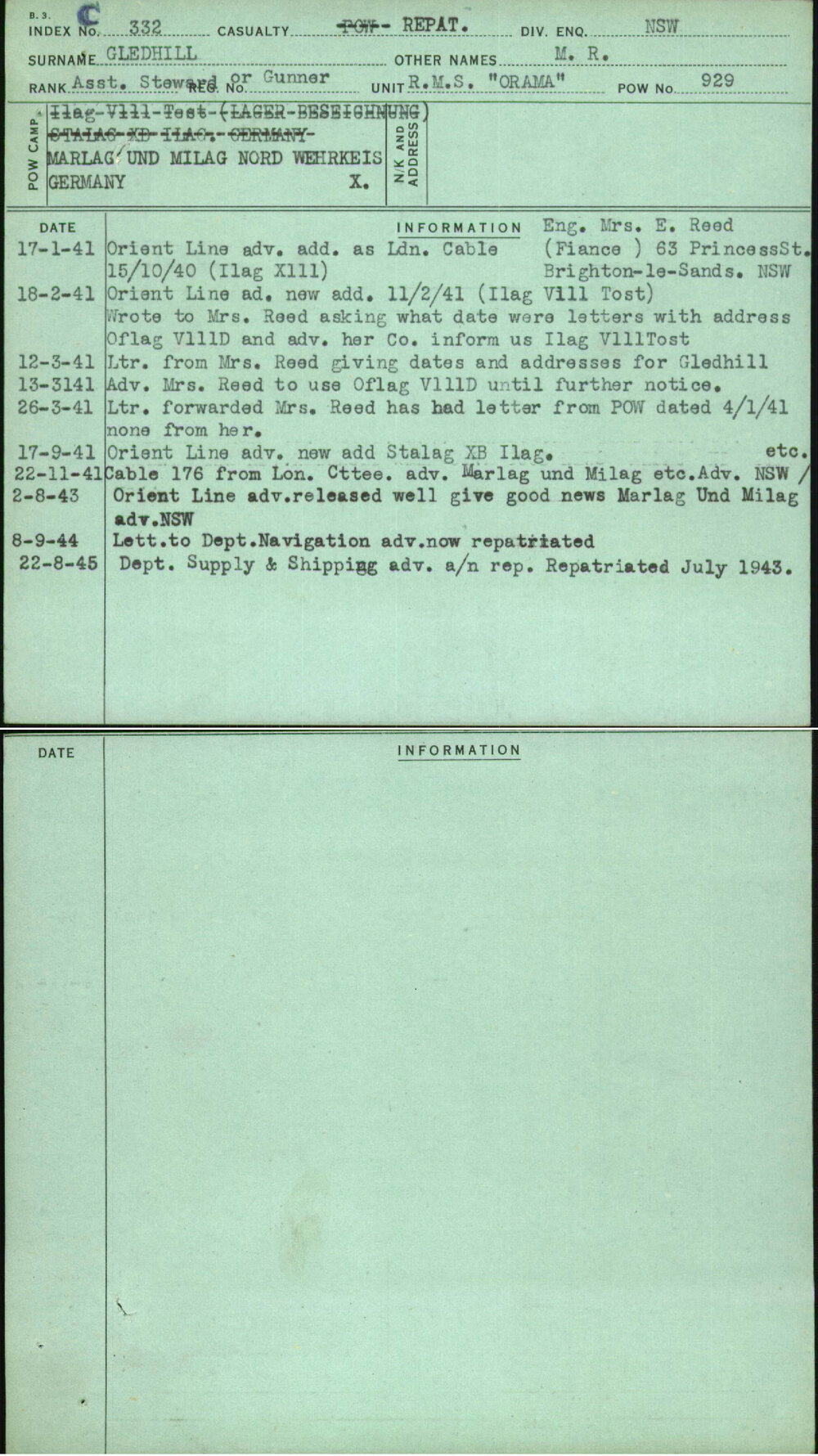 Gledhill, M R, [No Service Number]