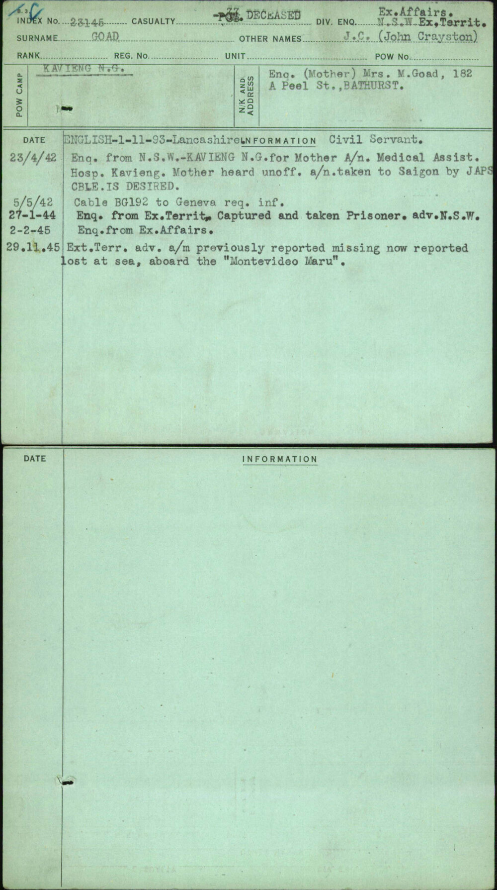 Goad, J C (John Crayston), [No Service Number]