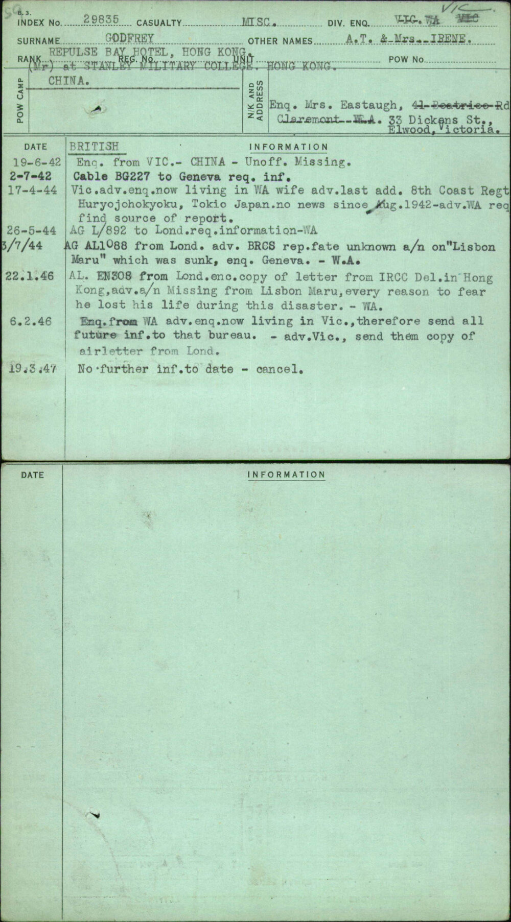 Godfrey, A T &amp; Mrs Irene, [No Service Number]
