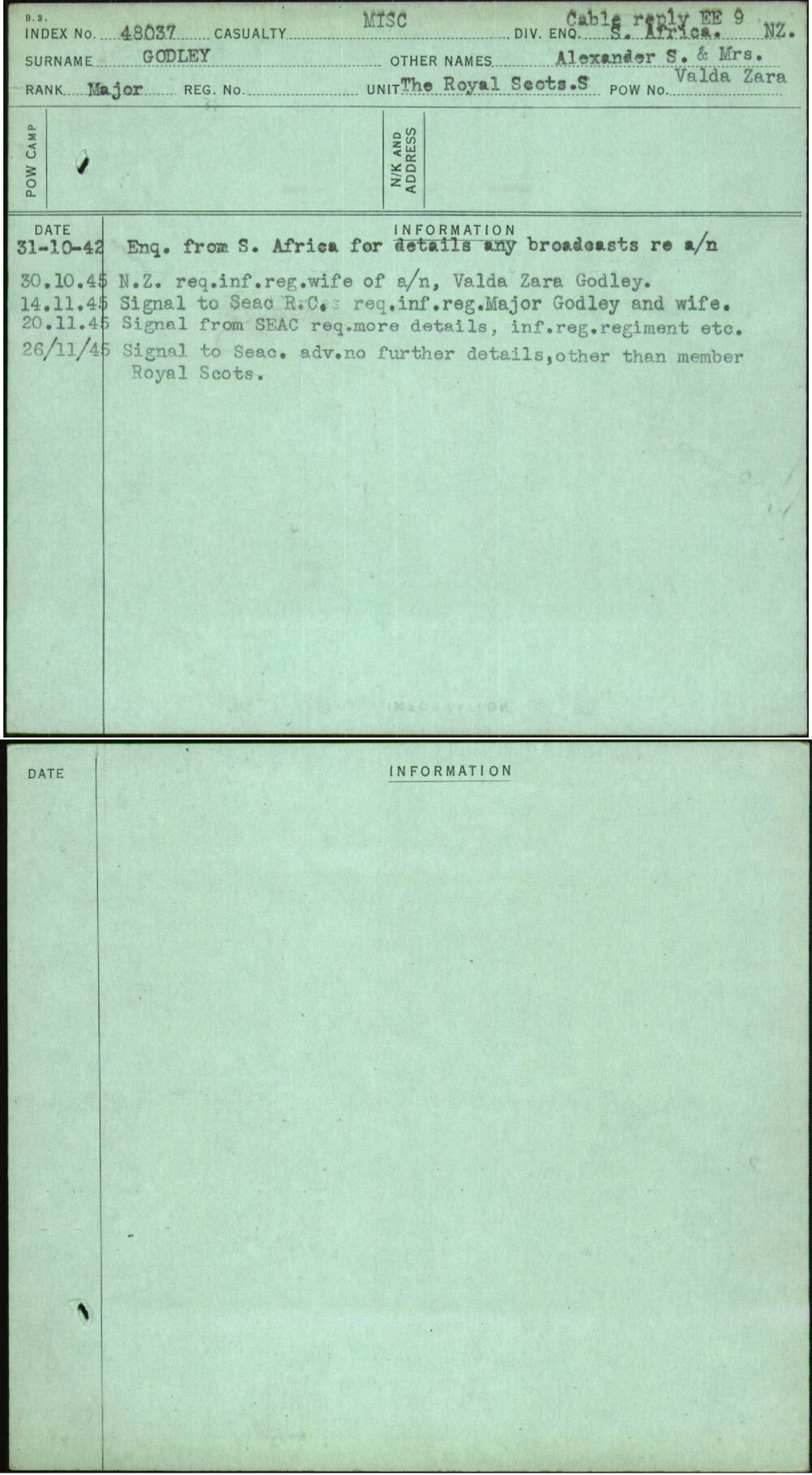Godley, Alexander S &amp; Mrs, [No Service Number]