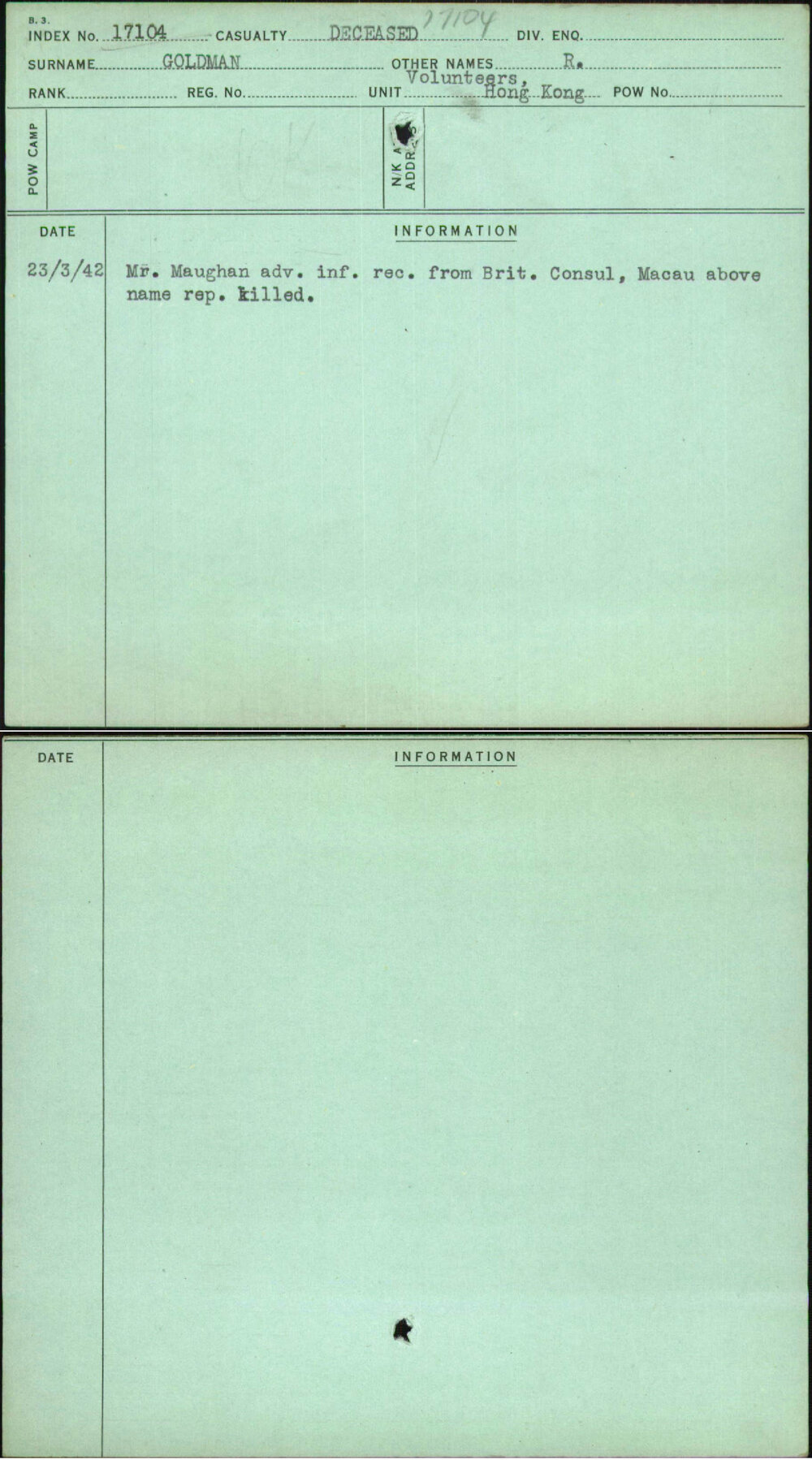 Goldman, R, [No Service Number]