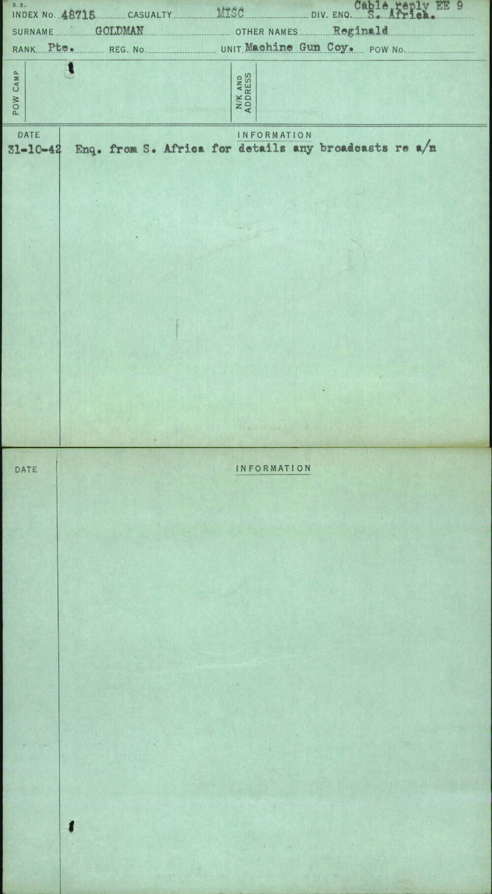 Goldman, Reginald, [No Service Number]