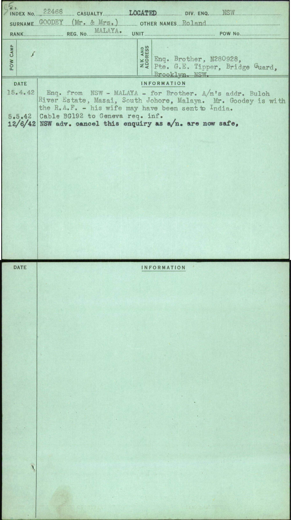 Goodey (Mr &amp; Mrs), Roland, Malaya