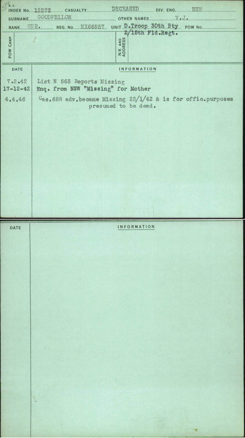 Goodfellow, V J, NX66957