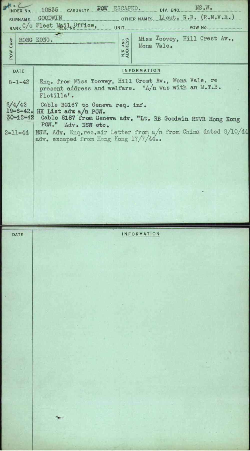 Goodwin, Lieut R B (R N V R), [No Service Number]