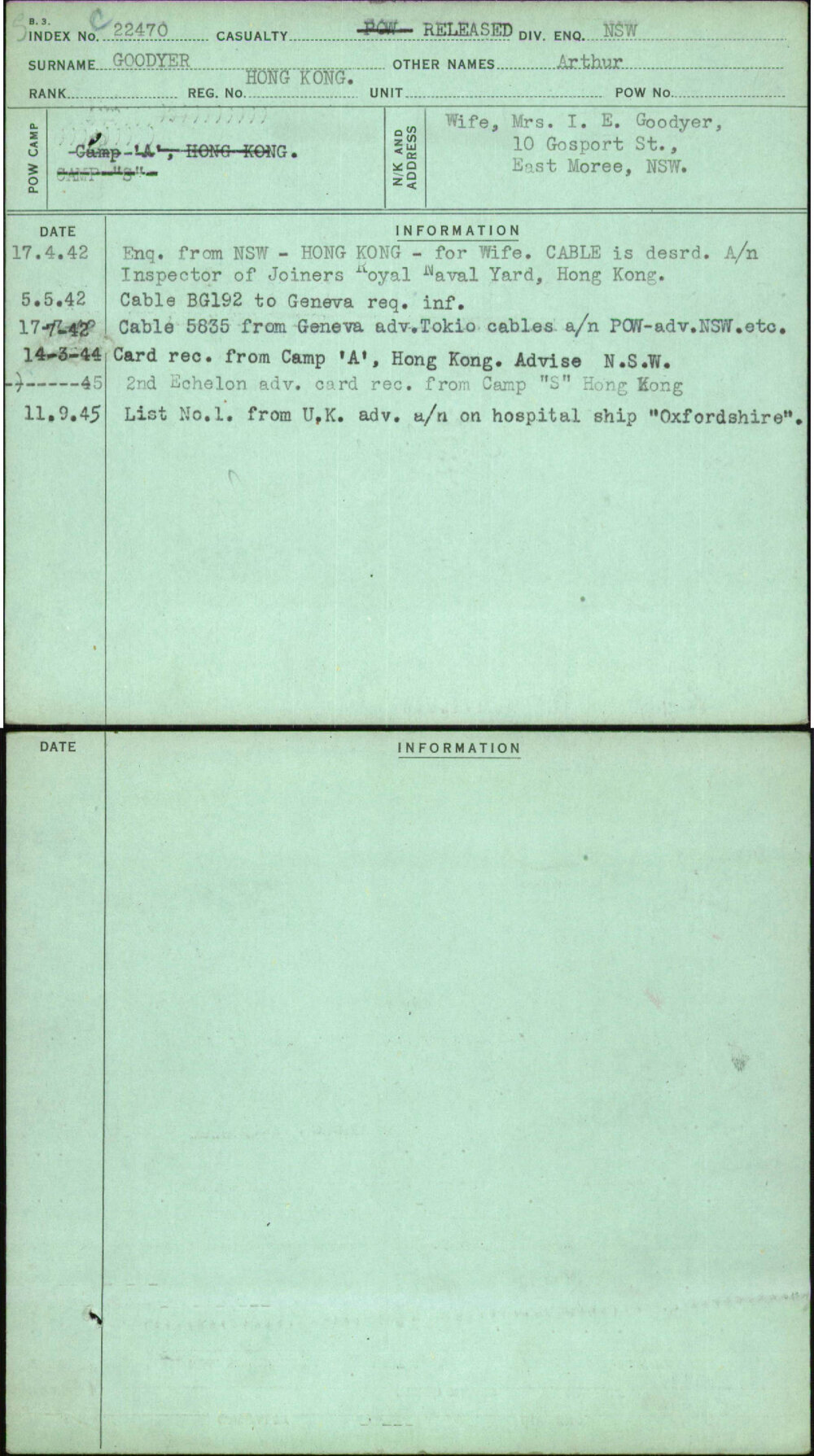 Goodyer, Arthur, Hong Kong