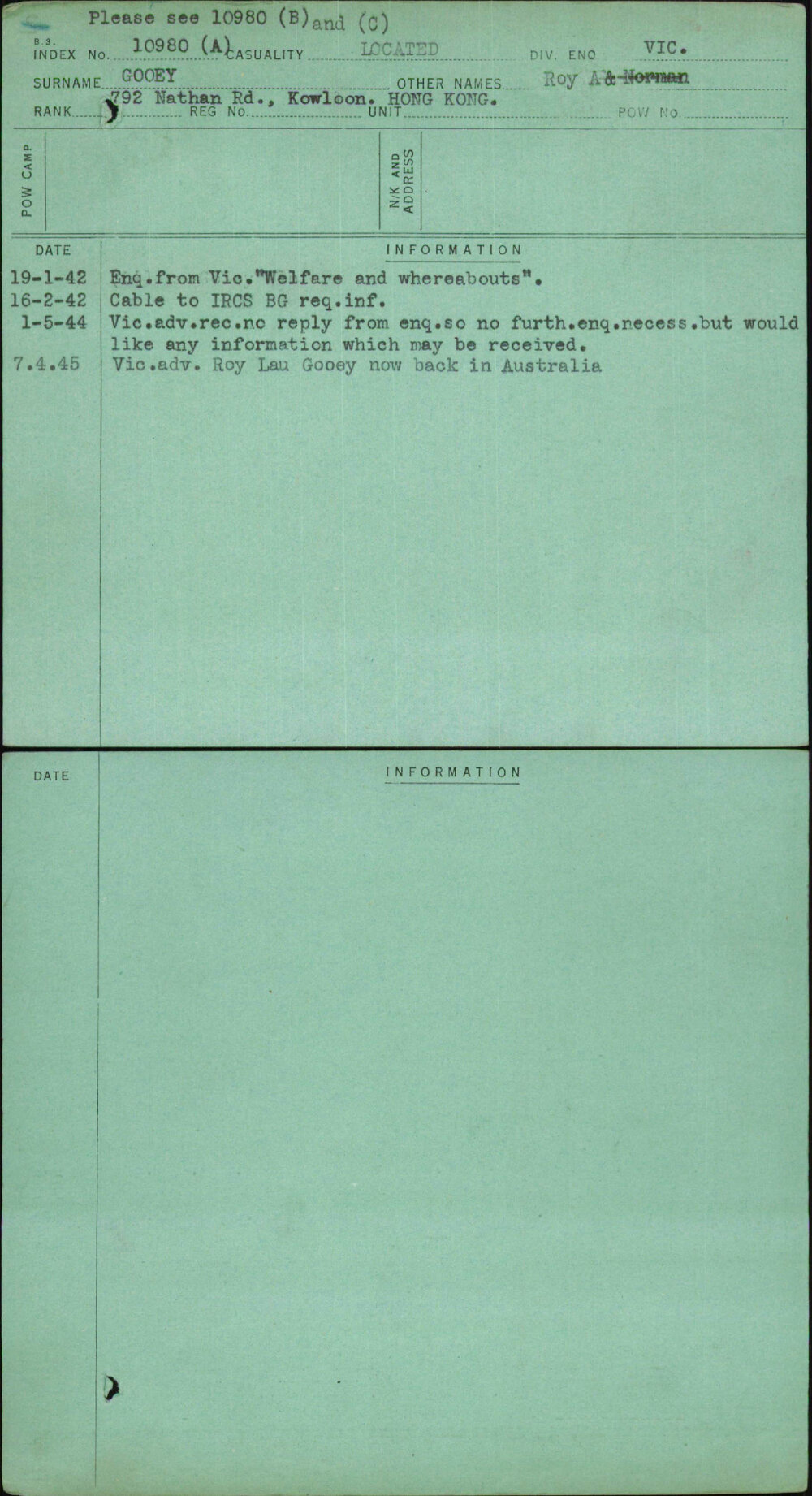 Gooey, Roy A, [No Service Number]