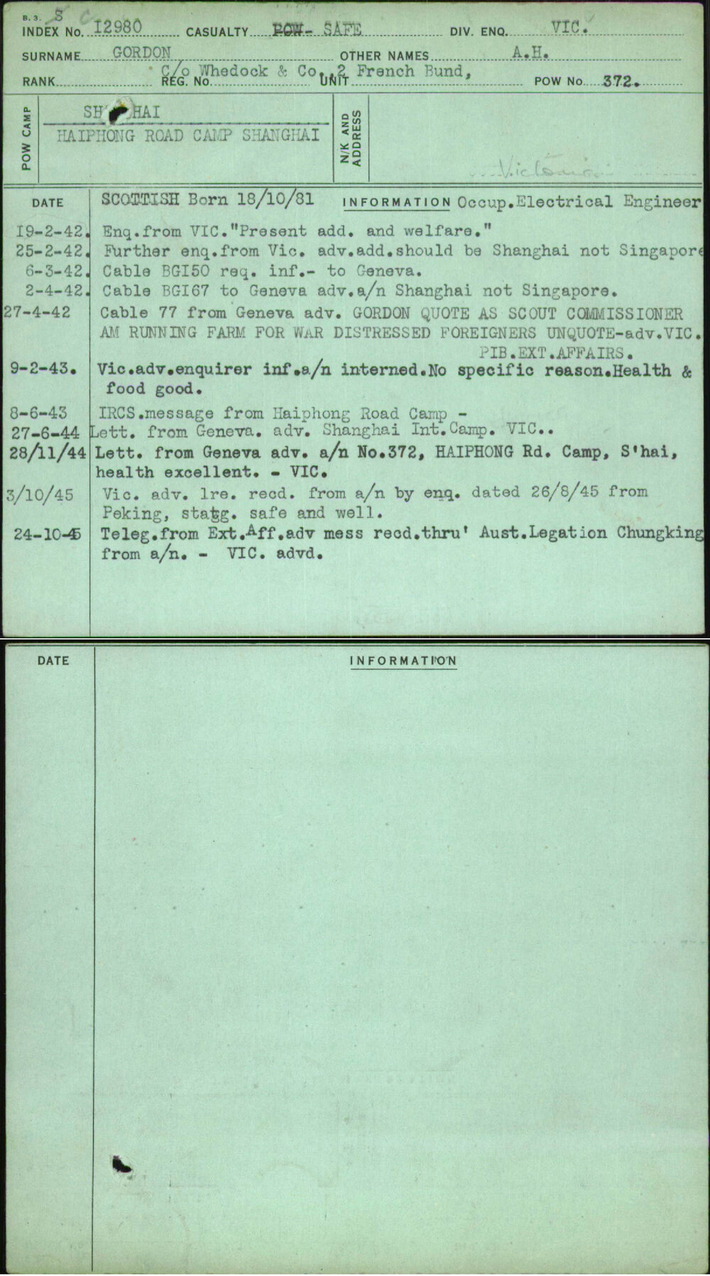 Gordon, A H, [No Service Number]